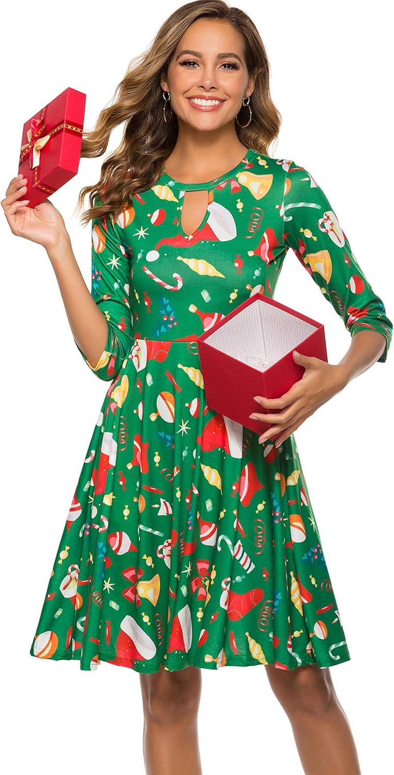 Women'S Ugly Christmas Half Sleeve Xmas Patterned Holiday Party Casual Swing Dress