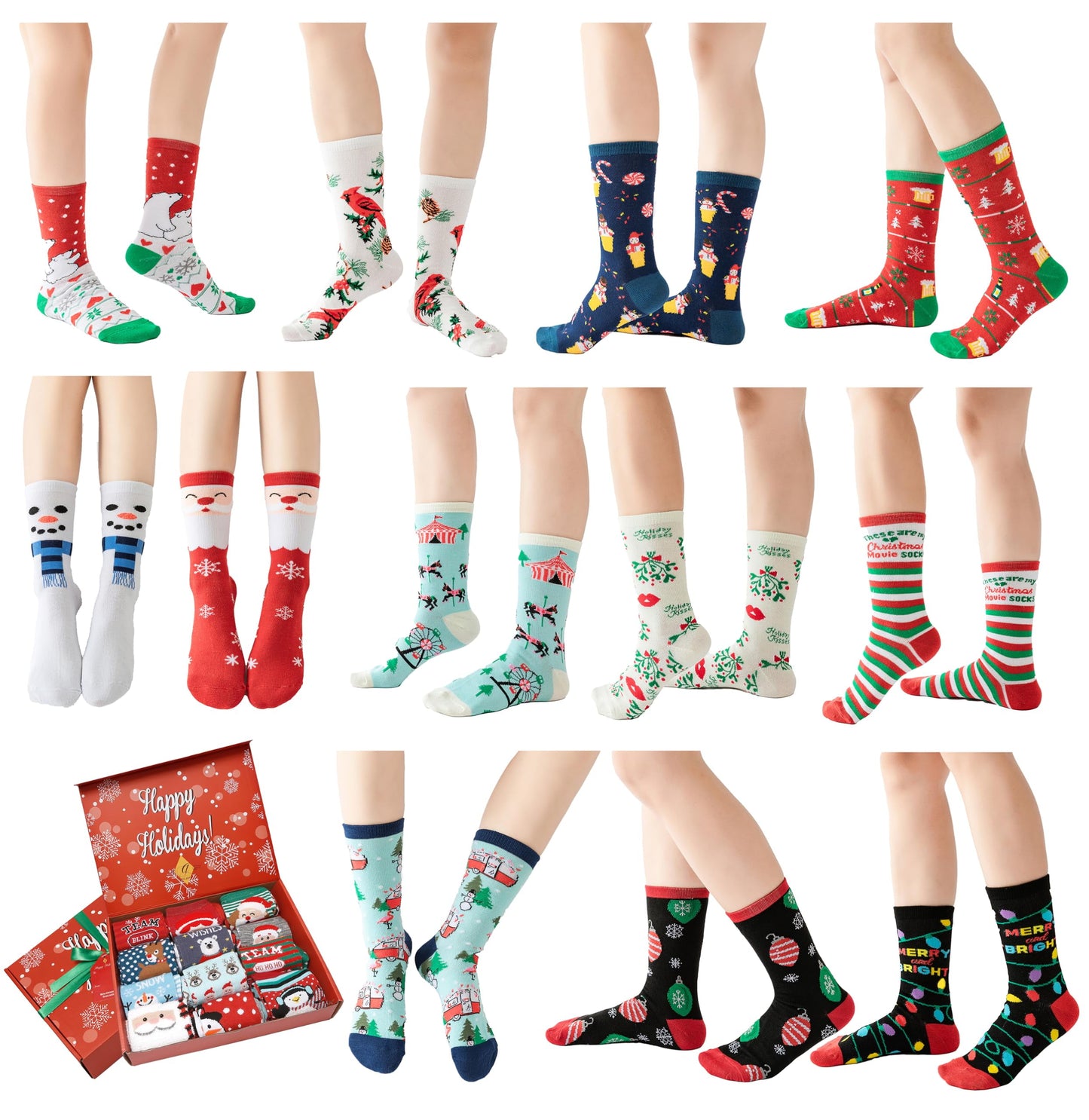 12 Pair, Women Holiday X-Mas Socks, 12 Different Designs,Christmas Gift, Size 9-11