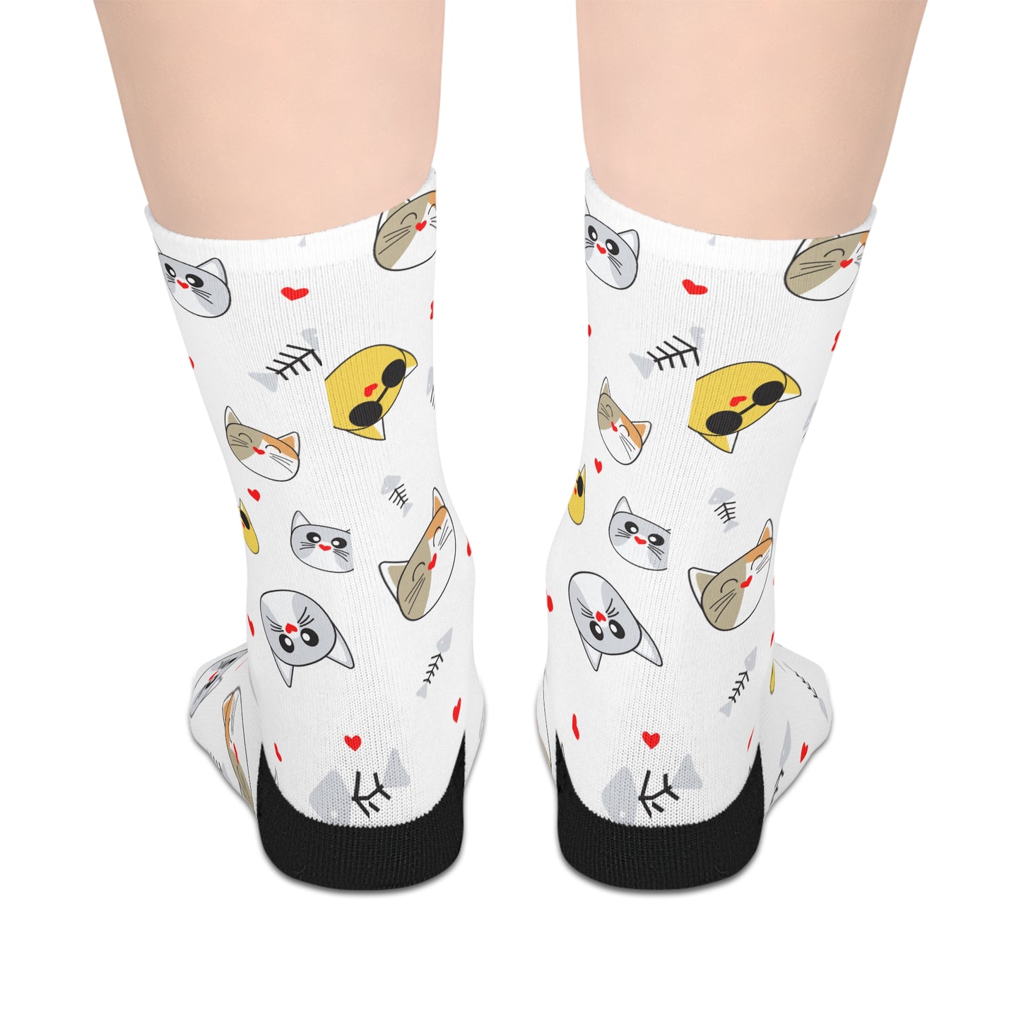 Cute Cat Faces Mid-Length Socks — White Patterned Kitten Crew Socks