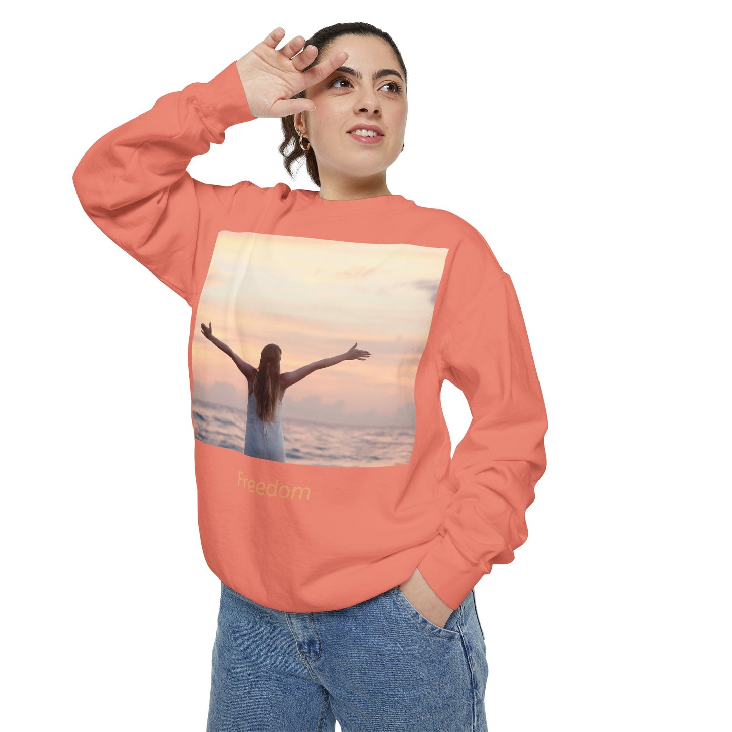 Freedom Beach Sweatshirt — Sunset Woman Photo Graphic Sweatshirt