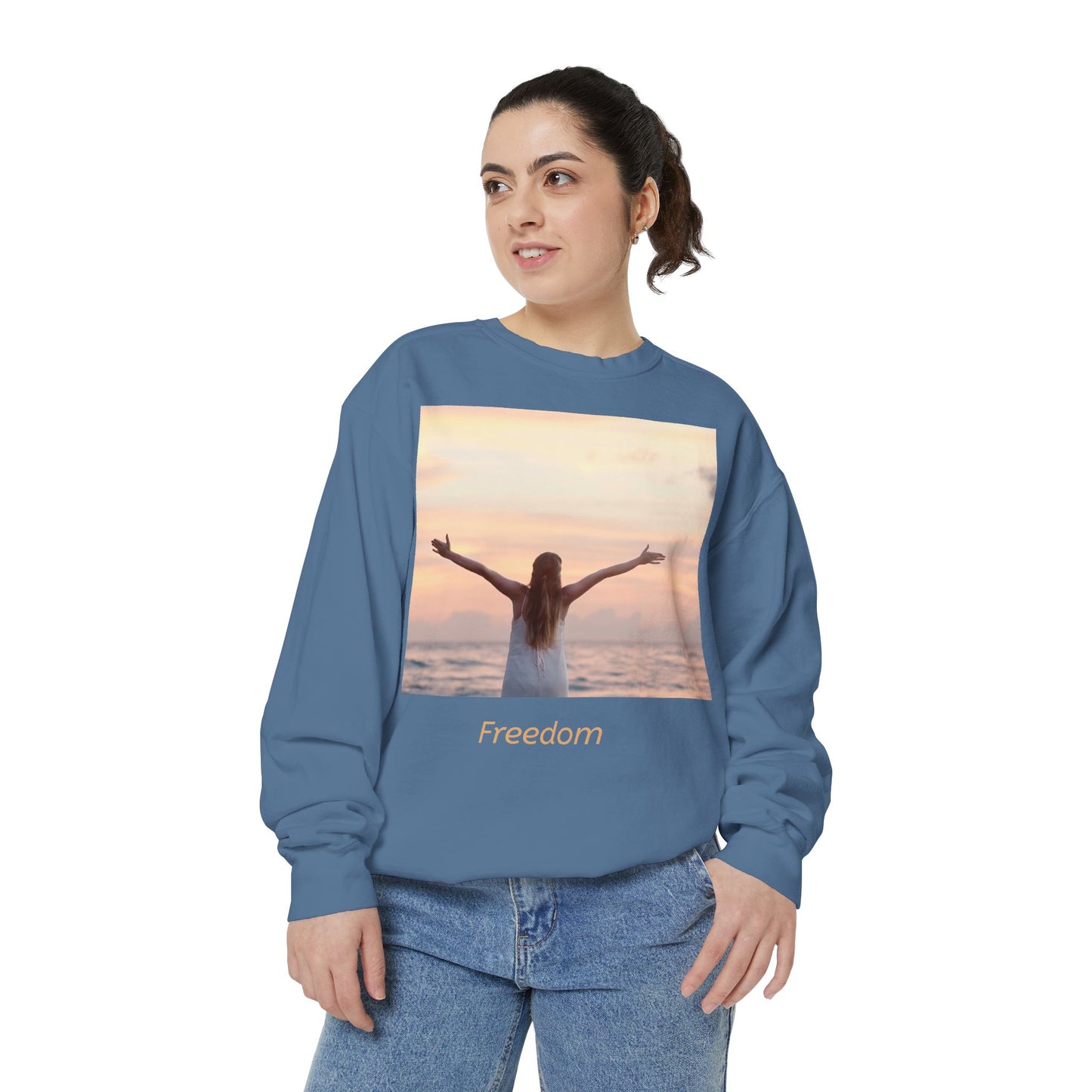 Freedom Beach Sweatshirt — Sunset Woman Photo Graphic Sweatshirt