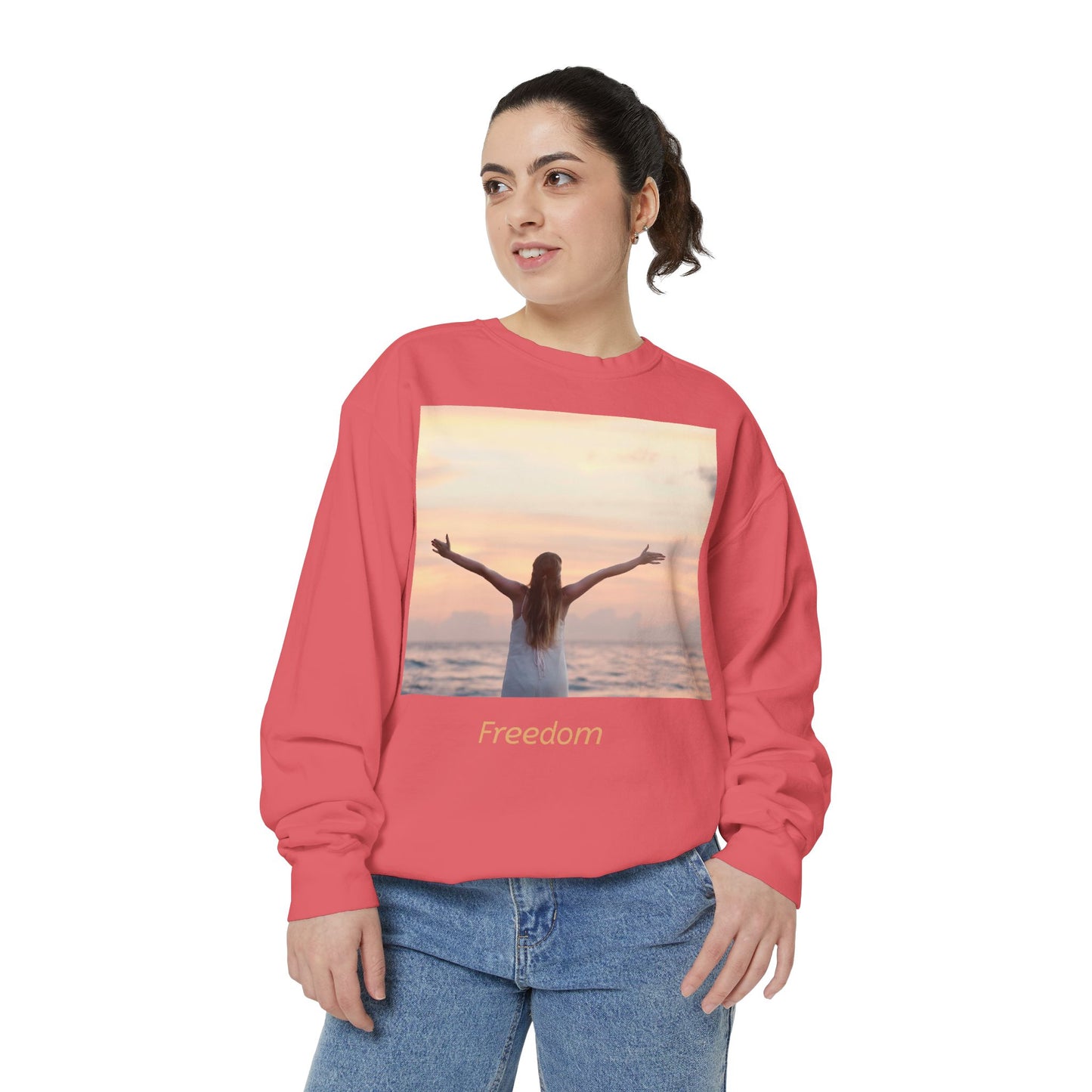 Freedom Beach Sweatshirt — Sunset Woman Photo Graphic Sweatshirt