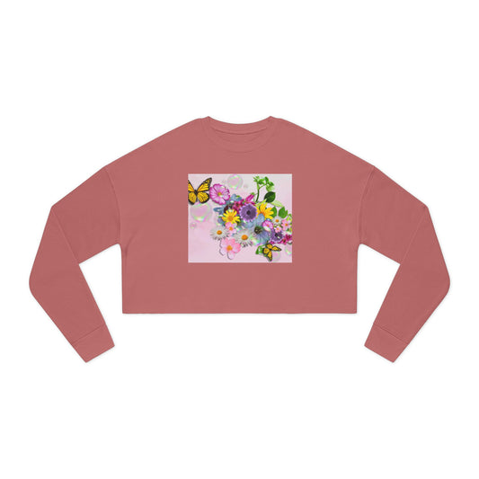 Floral Butterfly Cropped Sweatshirt — Women's Pastel Garden Graphic