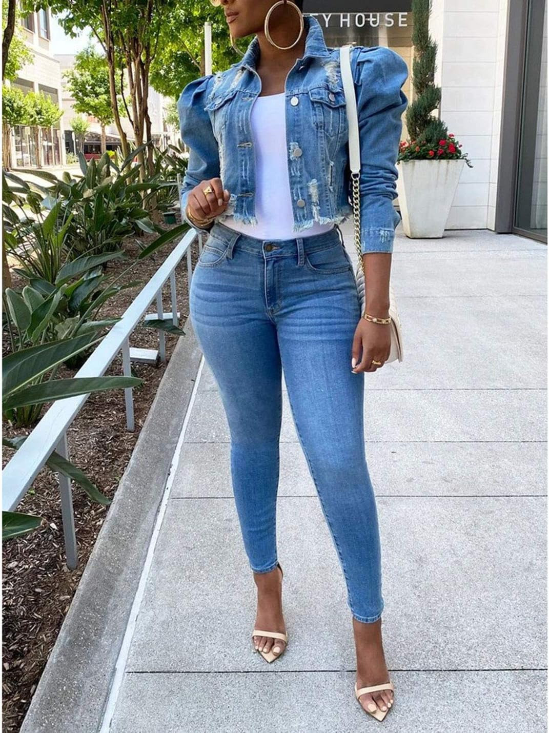 Women'S Ripped Puff Sleeve Denim Crop Top Long-Sleeve Cropped Jean Jacket