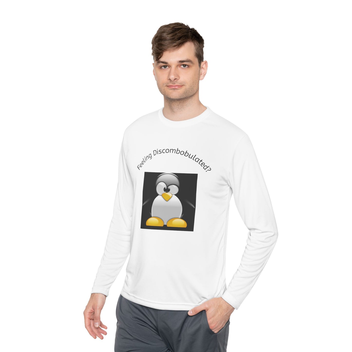 Penguin Graphic Long Sleeve Tee — "Feeling Discombobulated?" Fun Retro Tech Shirt