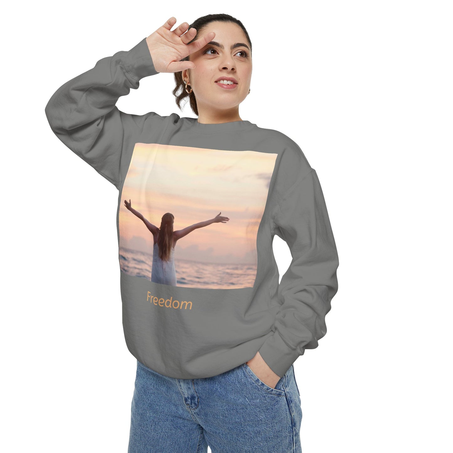Freedom Beach Sweatshirt — Sunset Woman Photo Graphic Sweatshirt