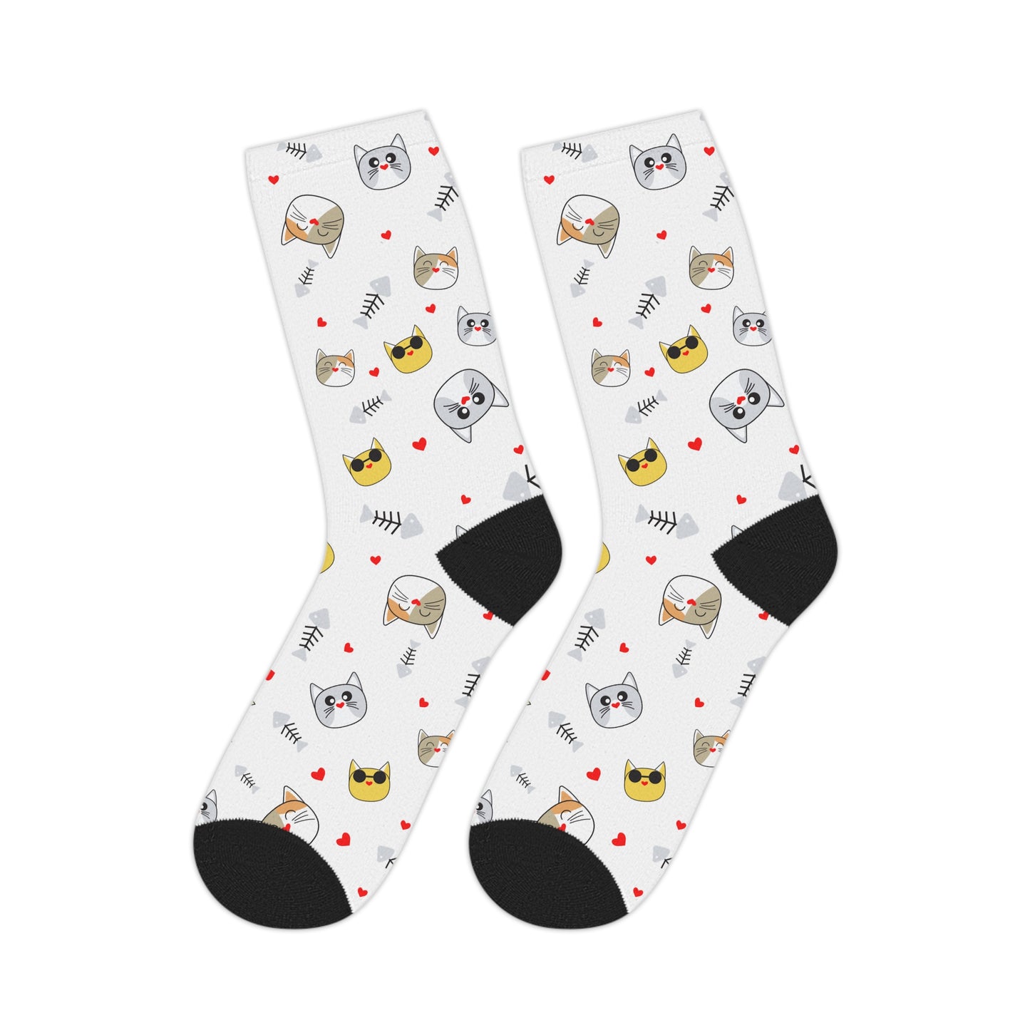 Cute Cat Faces Mid-Length Socks — White Patterned Kitten Crew Socks