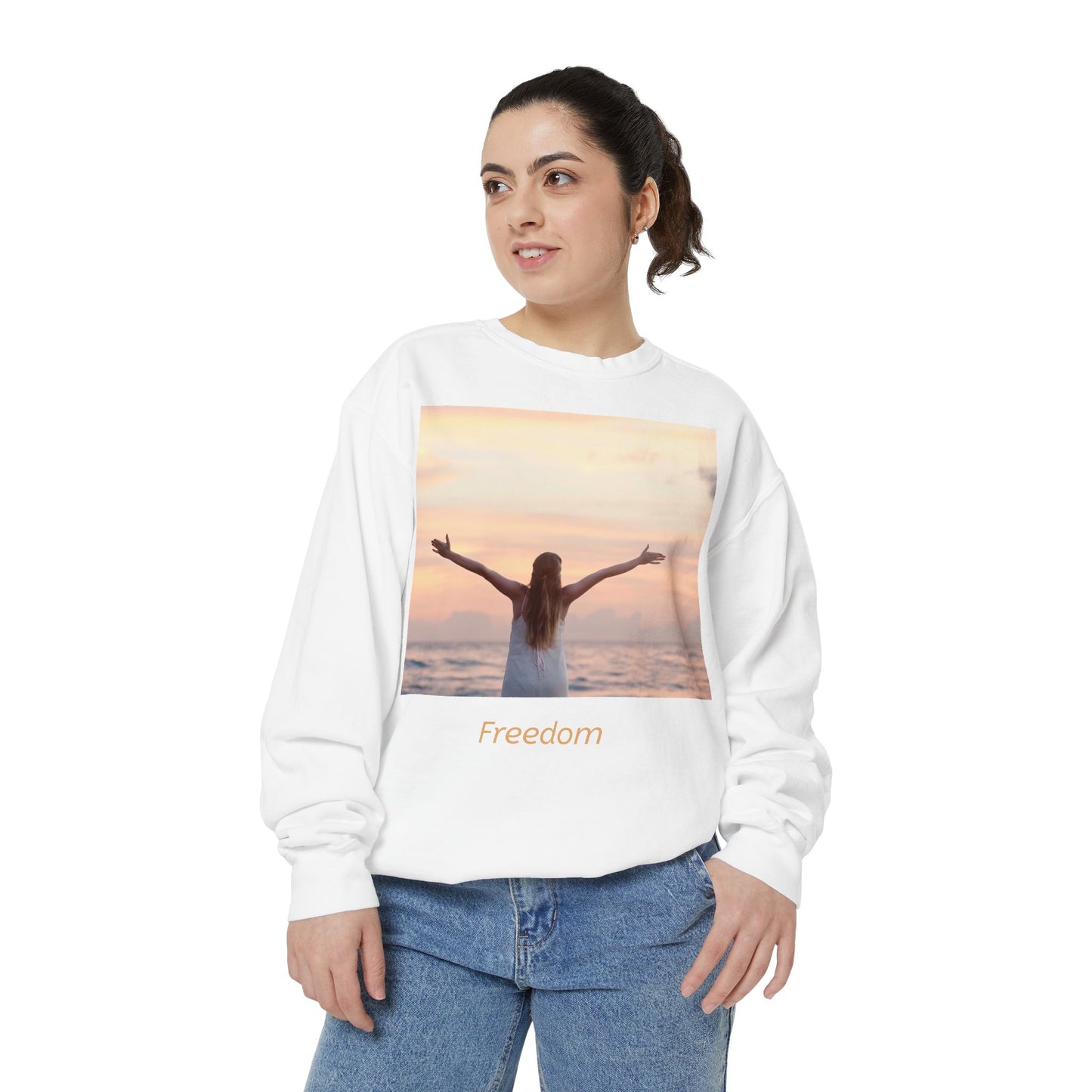 Freedom Beach Sweatshirt — Sunset Woman Photo Graphic Sweatshirt