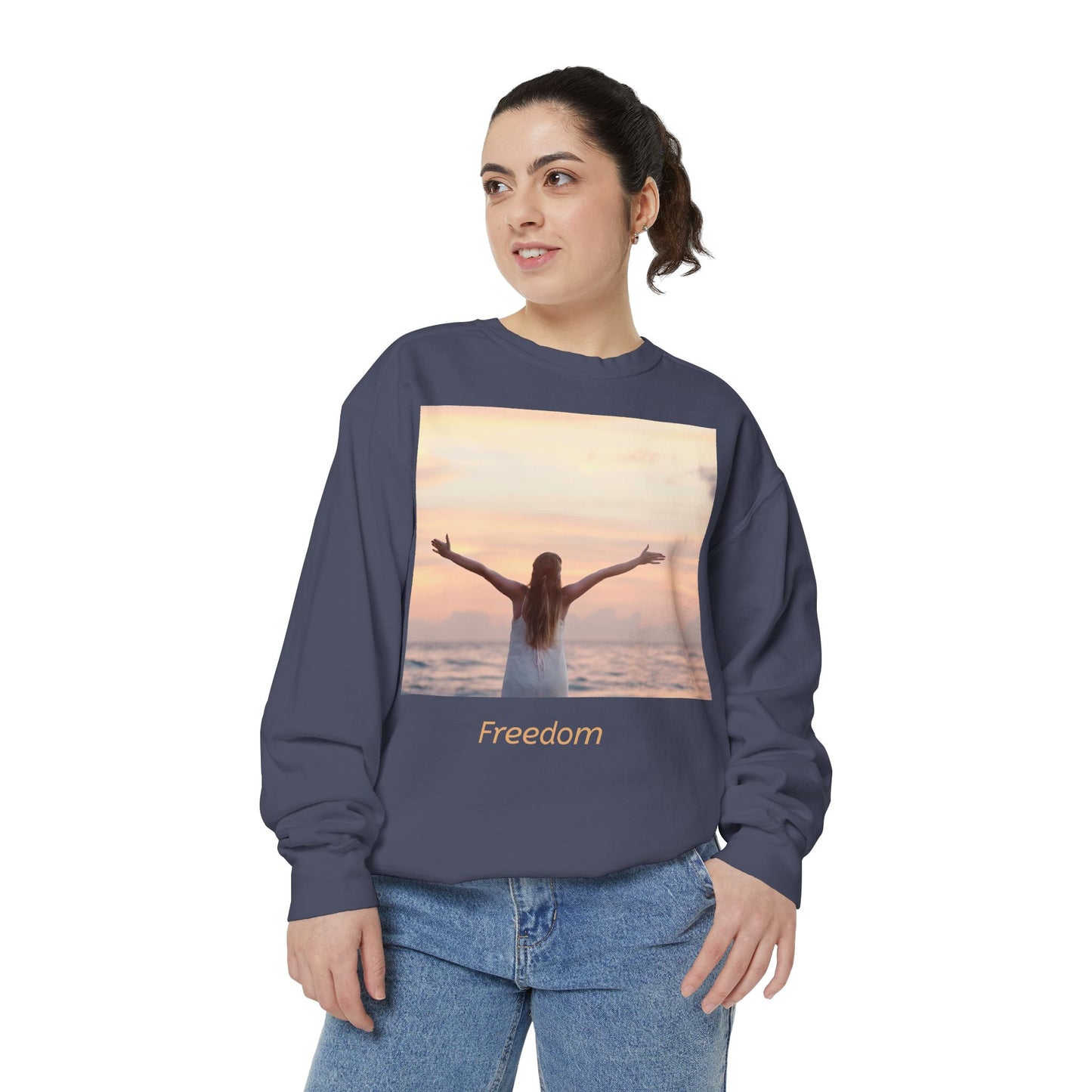 Freedom Beach Sweatshirt — Sunset Woman Photo Graphic Sweatshirt