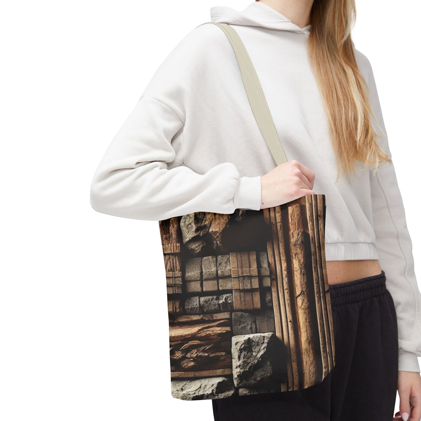 Stone Carving Pattern Tote Bag — Rustic Architectural Print All-Over Tote