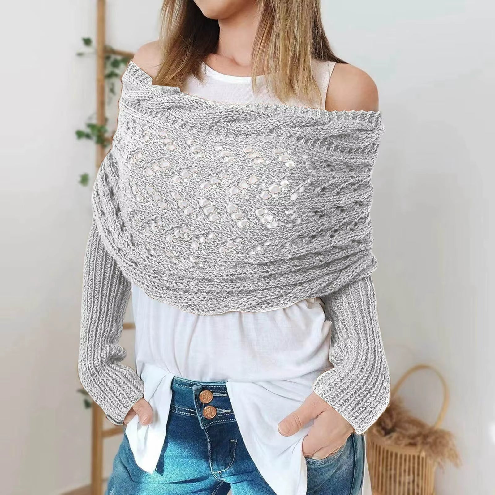 Autumn Winter Women'S Knitted Shawl Scarf with Long Sleeve Outdoor Warm Soft Windproof Hollow Out Crop Top Shawl Scarf