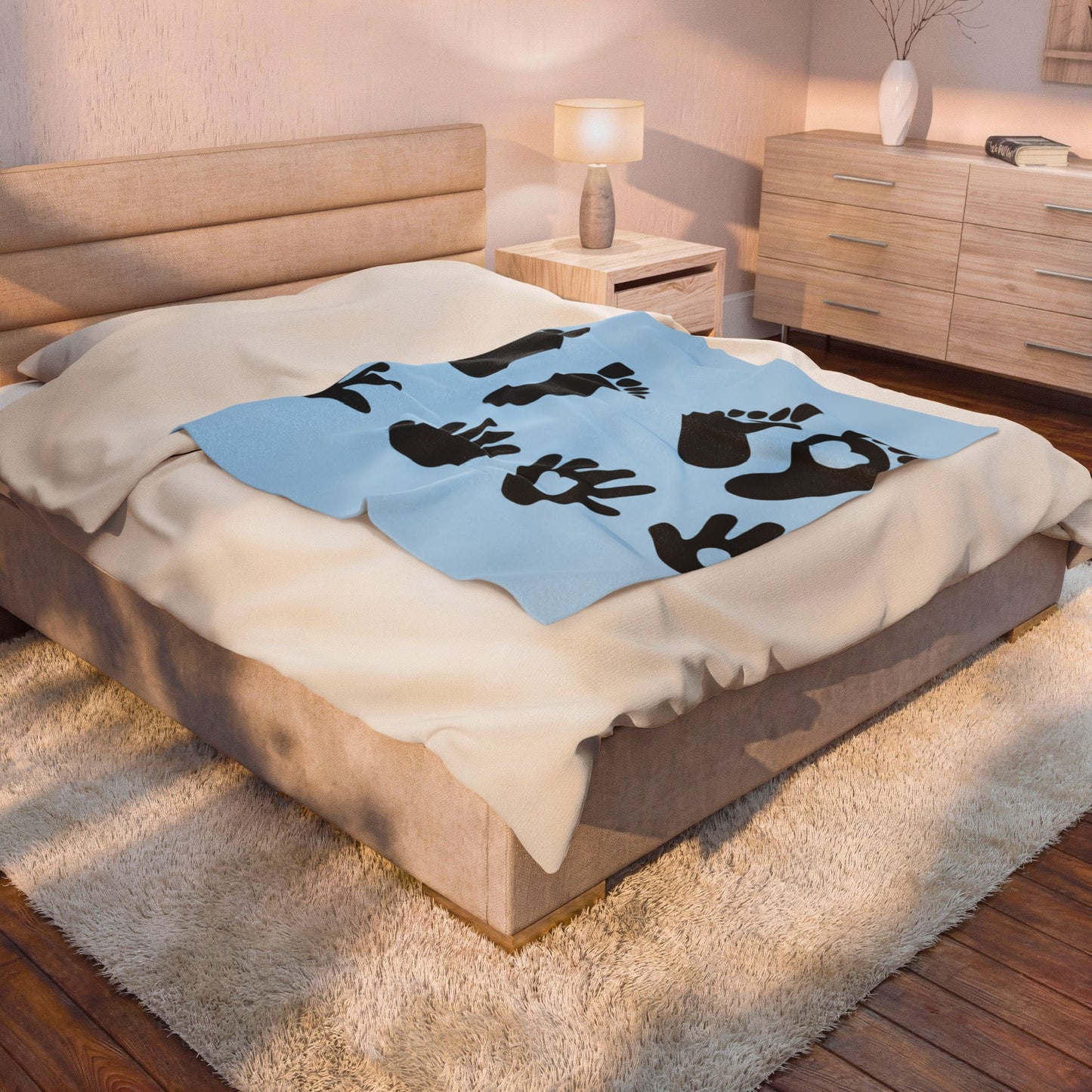 Plush Blanket — Baby Feet & Hands Heart Pattern, Soft Velveteen Baby Shower Gift