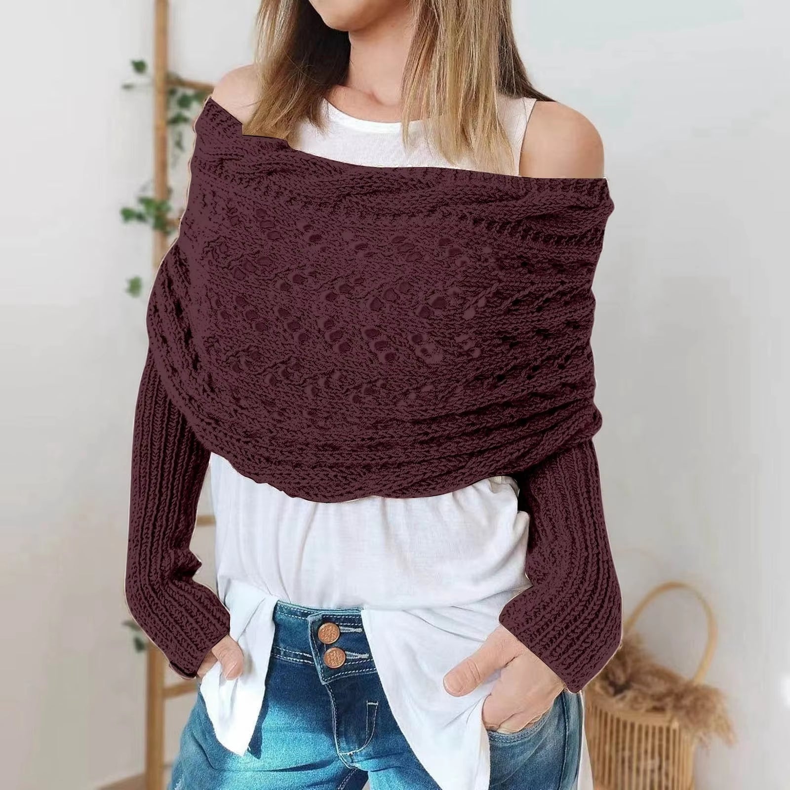 Autumn Winter Women'S Knitted Shawl Scarf with Long Sleeve Outdoor Warm Soft Windproof Hollow Out Crop Top Shawl Scarf