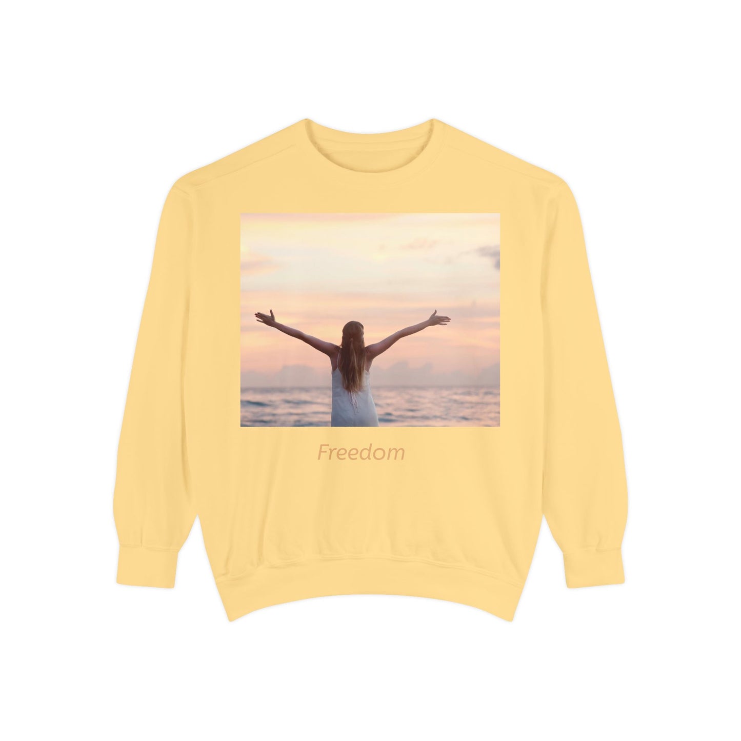 Freedom Beach Sweatshirt — Sunset Woman Photo Graphic Sweatshirt