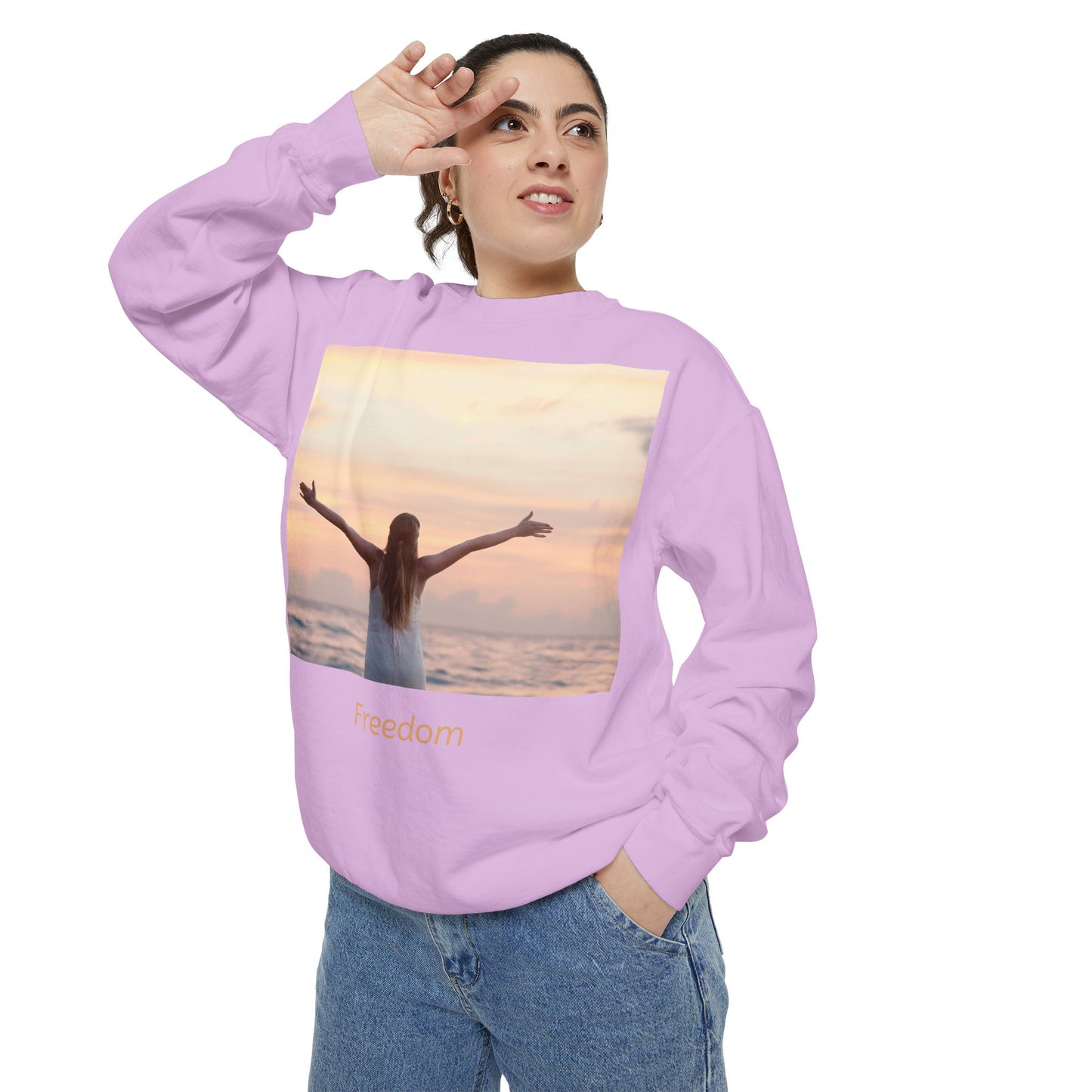 Freedom Beach Sweatshirt — Sunset Woman Photo Graphic Sweatshirt