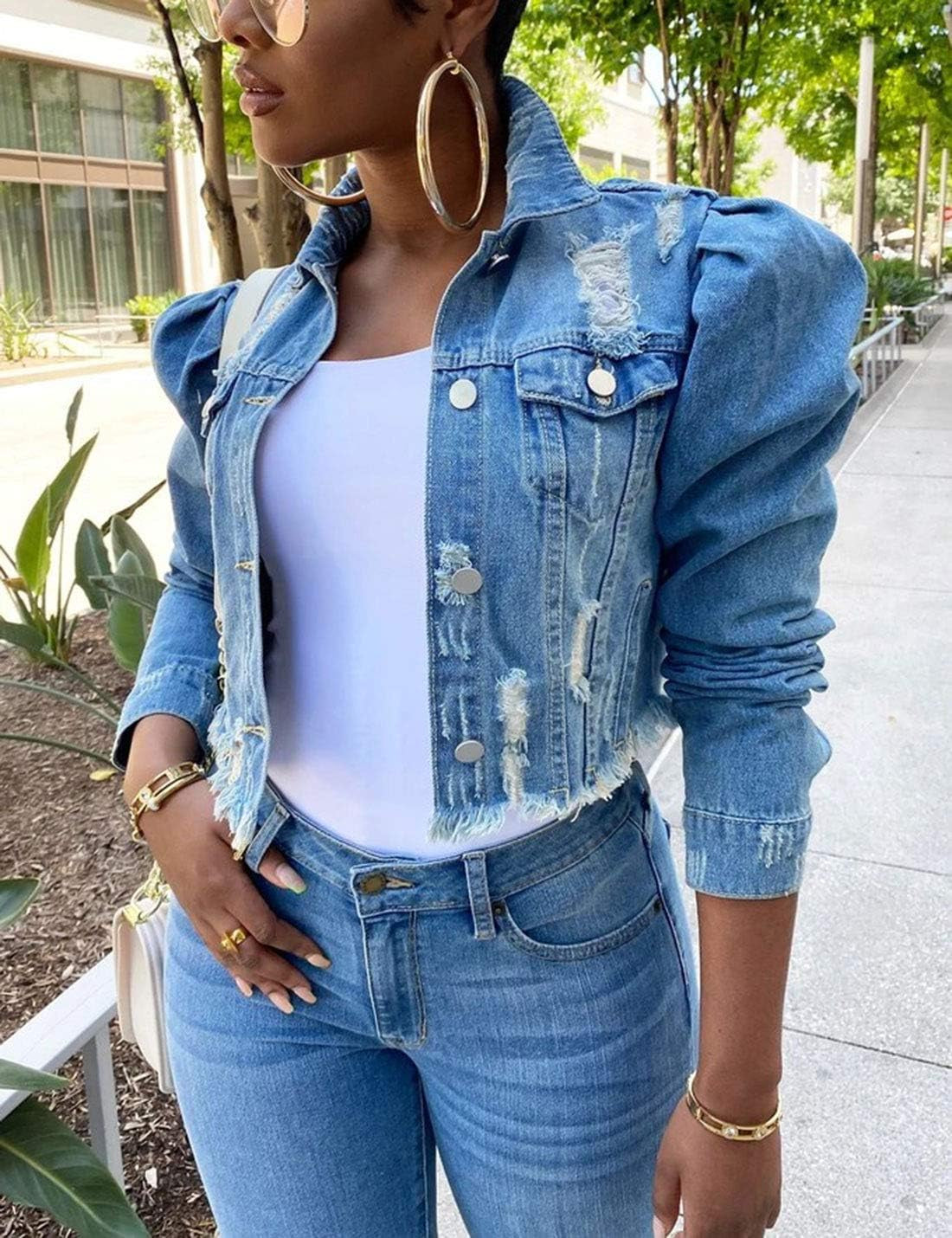 Women'S Ripped Puff Sleeve Denim Crop Top Long-Sleeve Cropped Jean Jacket