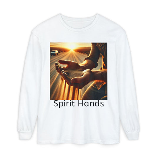 Spirit Hands Long Sleeve Tee — Sunset Healing Prayer Shirt