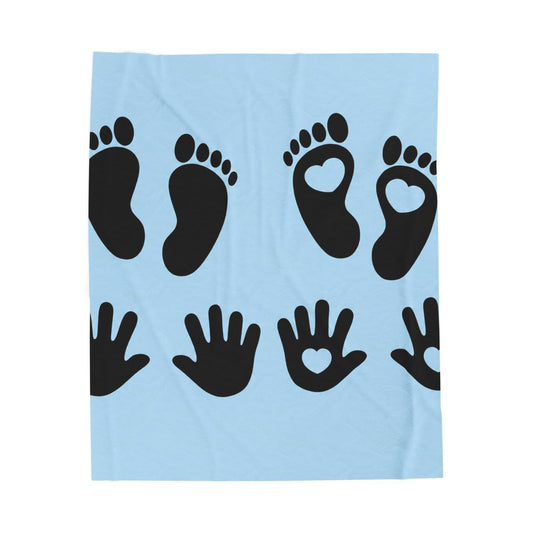 Plush Blanket — Baby Feet & Hands Heart Pattern, Soft Velveteen Baby Shower Gift