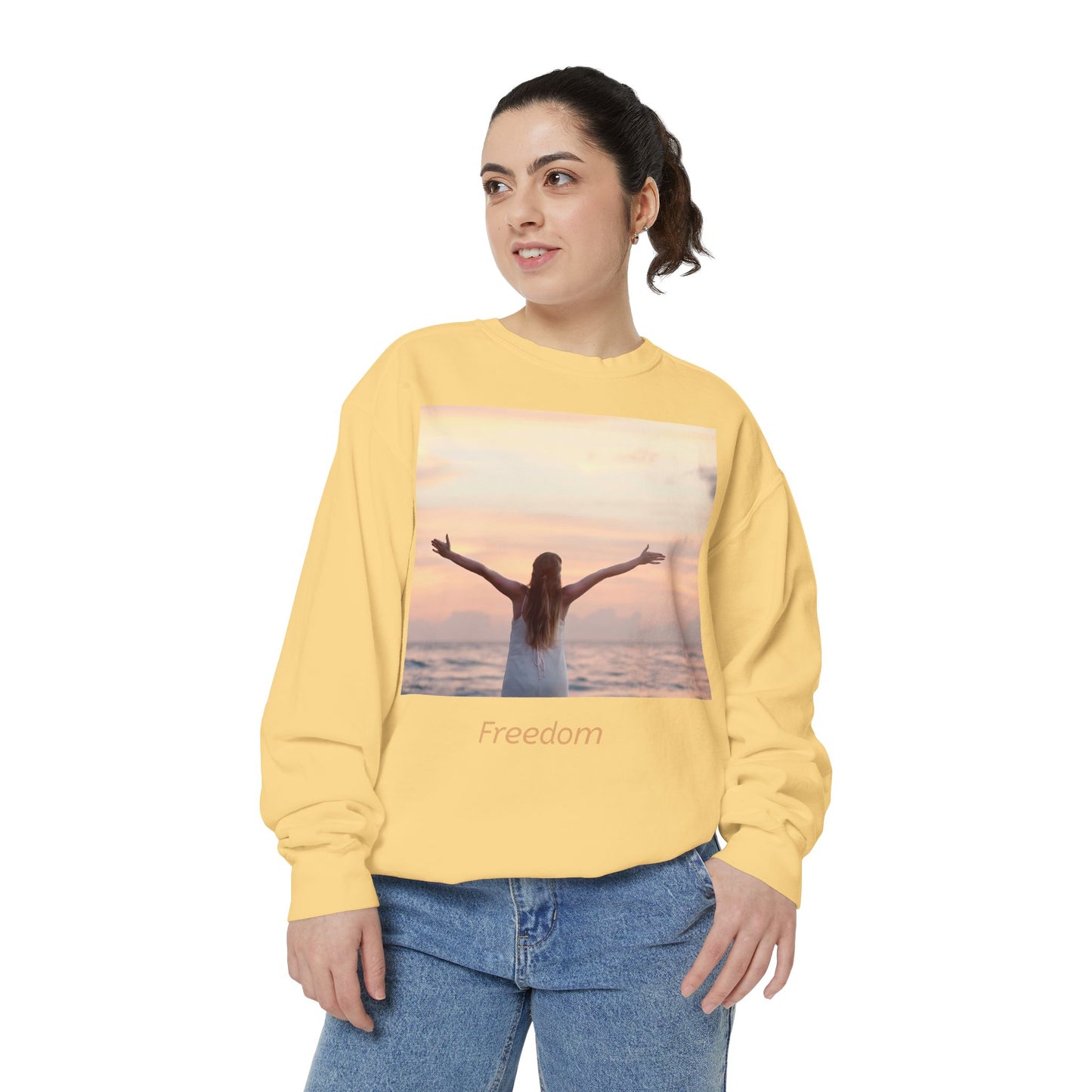 Freedom Beach Sweatshirt — Sunset Woman Photo Graphic Sweatshirt