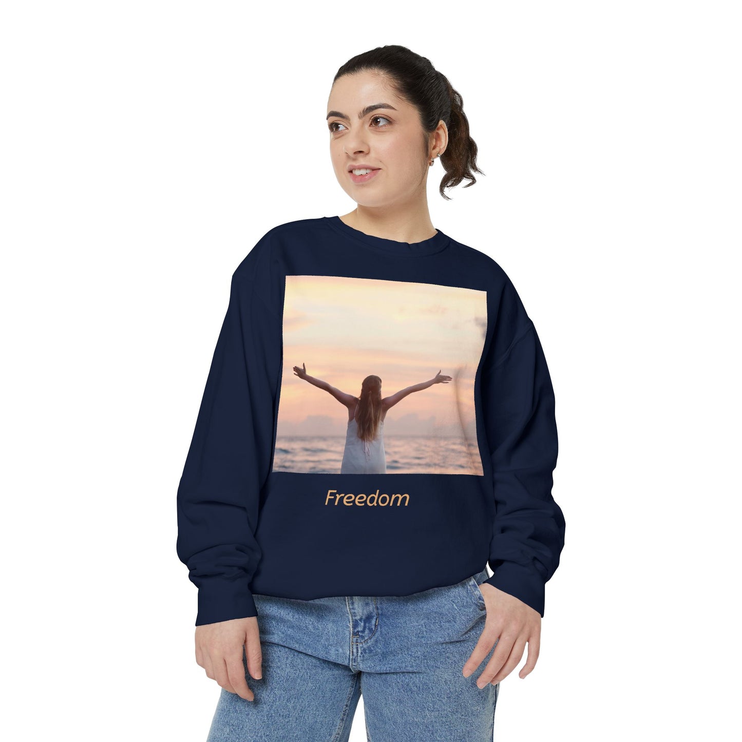 Freedom Beach Sweatshirt — Sunset Woman Photo Graphic Sweatshirt