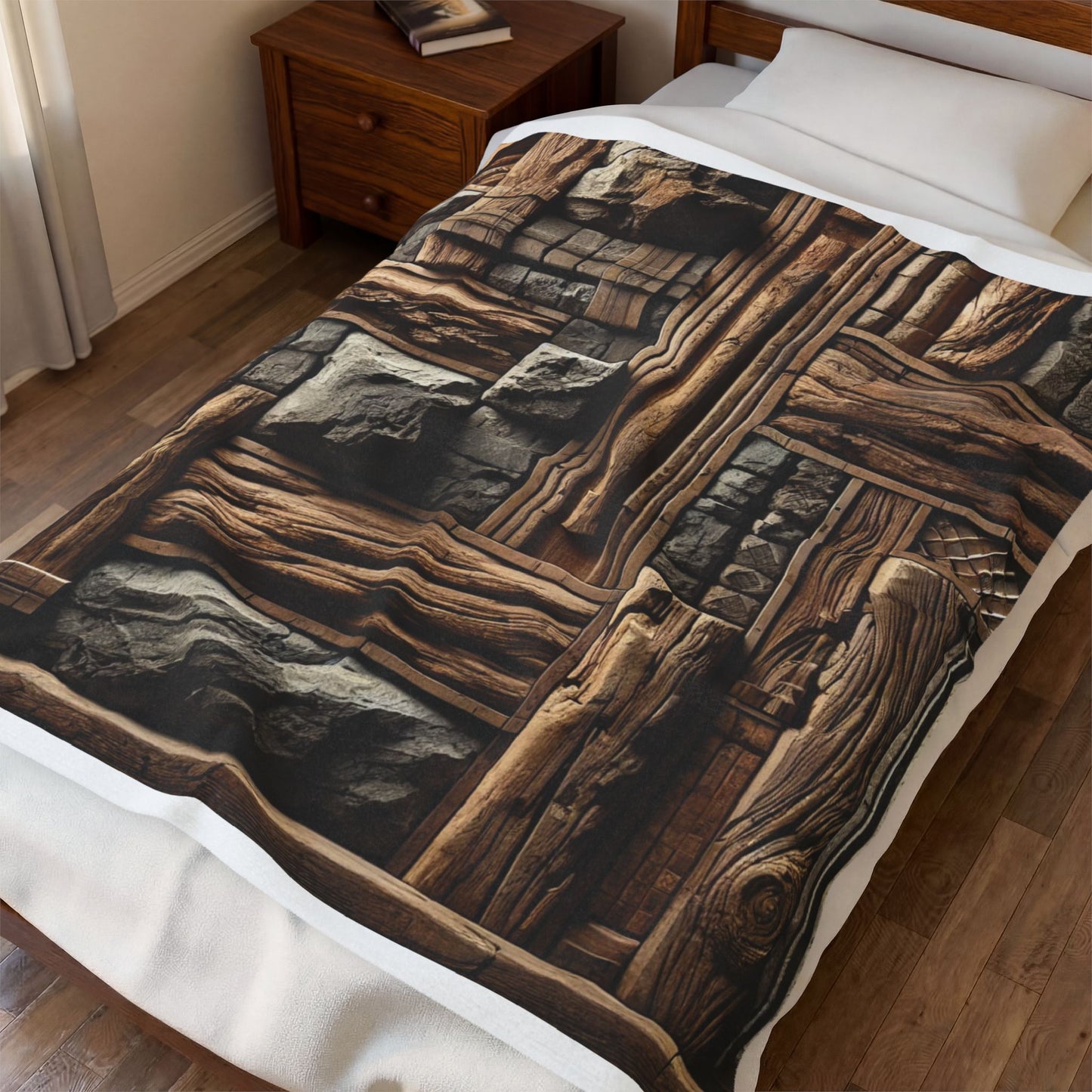 Rustic Wood & Stone Pattern Velveteen Plush Blanket