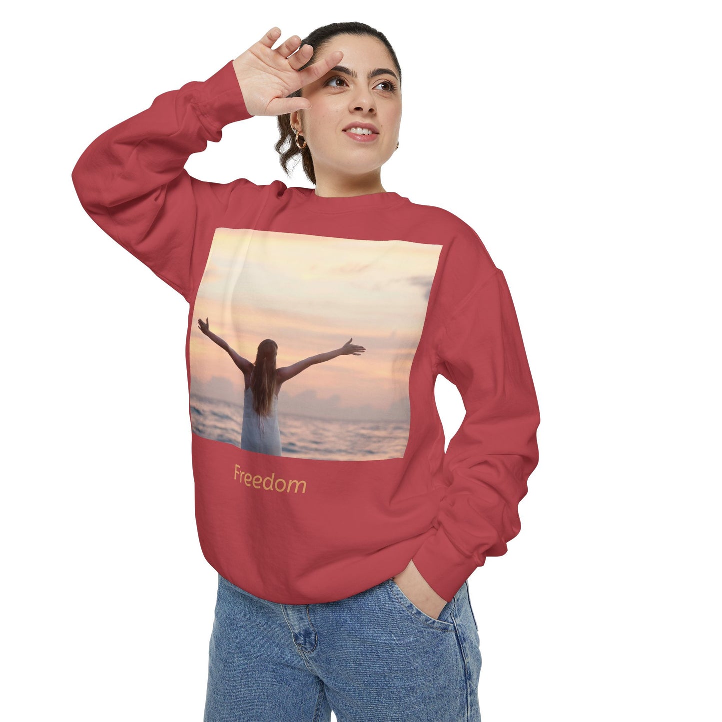 Freedom Beach Sweatshirt — Sunset Woman Photo Graphic Sweatshirt