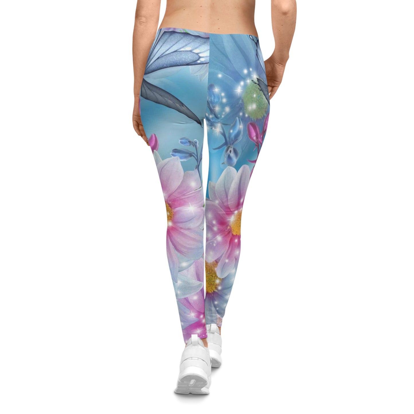 Floral Sparkle Leggings — Pastel Daisy & Butterfly All-Over Print