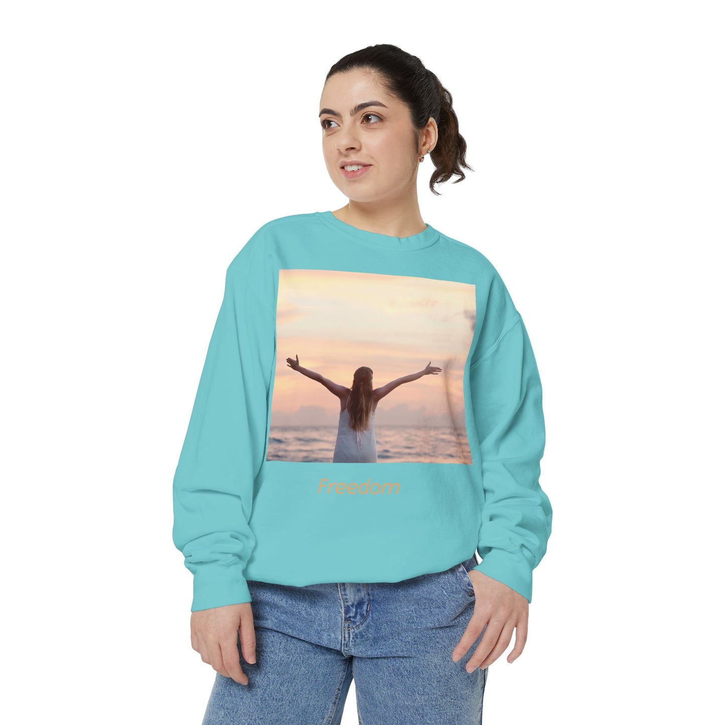 Freedom Beach Sweatshirt — Sunset Woman Photo Graphic Sweatshirt