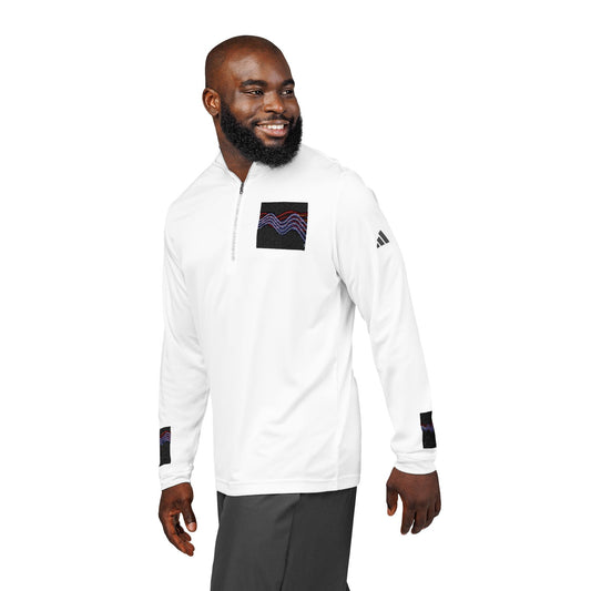 Embroidered Quarter-Zip Pullover — White Athletic Half-Zip with Abstract Patch