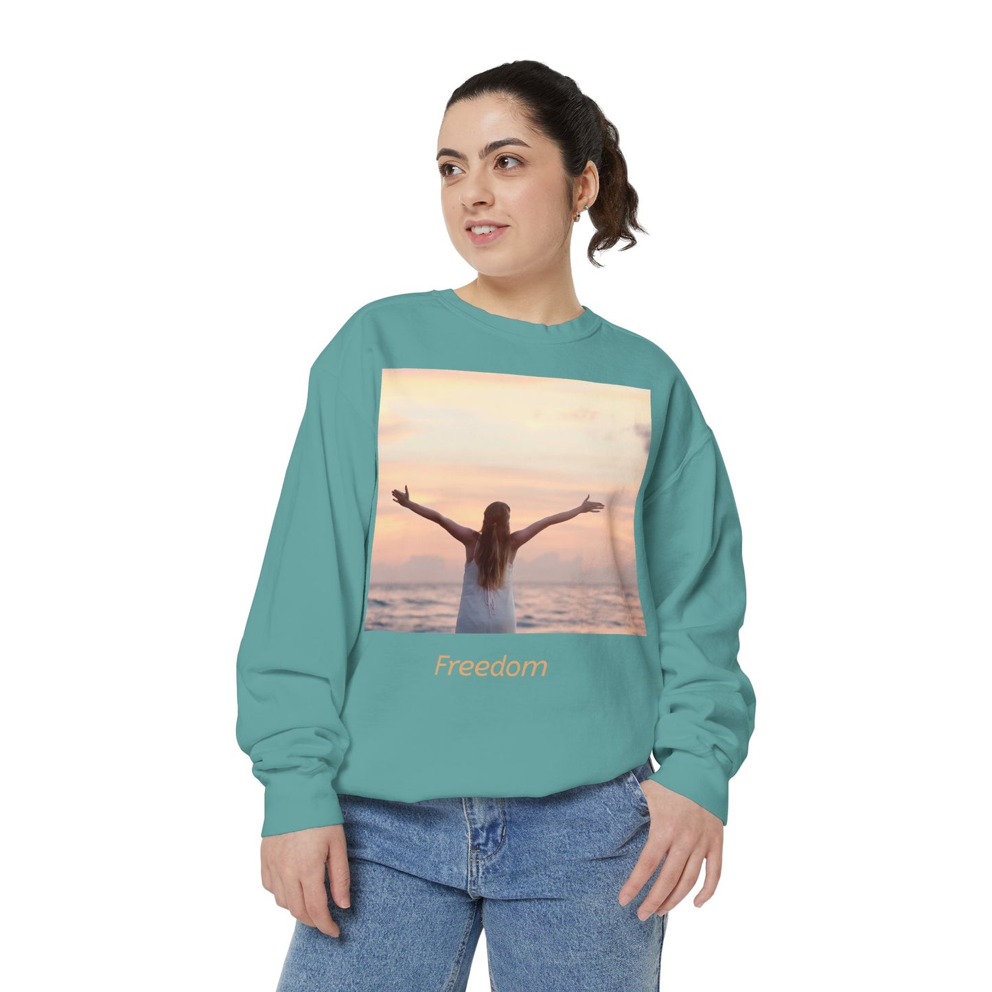 Freedom Beach Sweatshirt — Sunset Woman Photo Graphic Sweatshirt