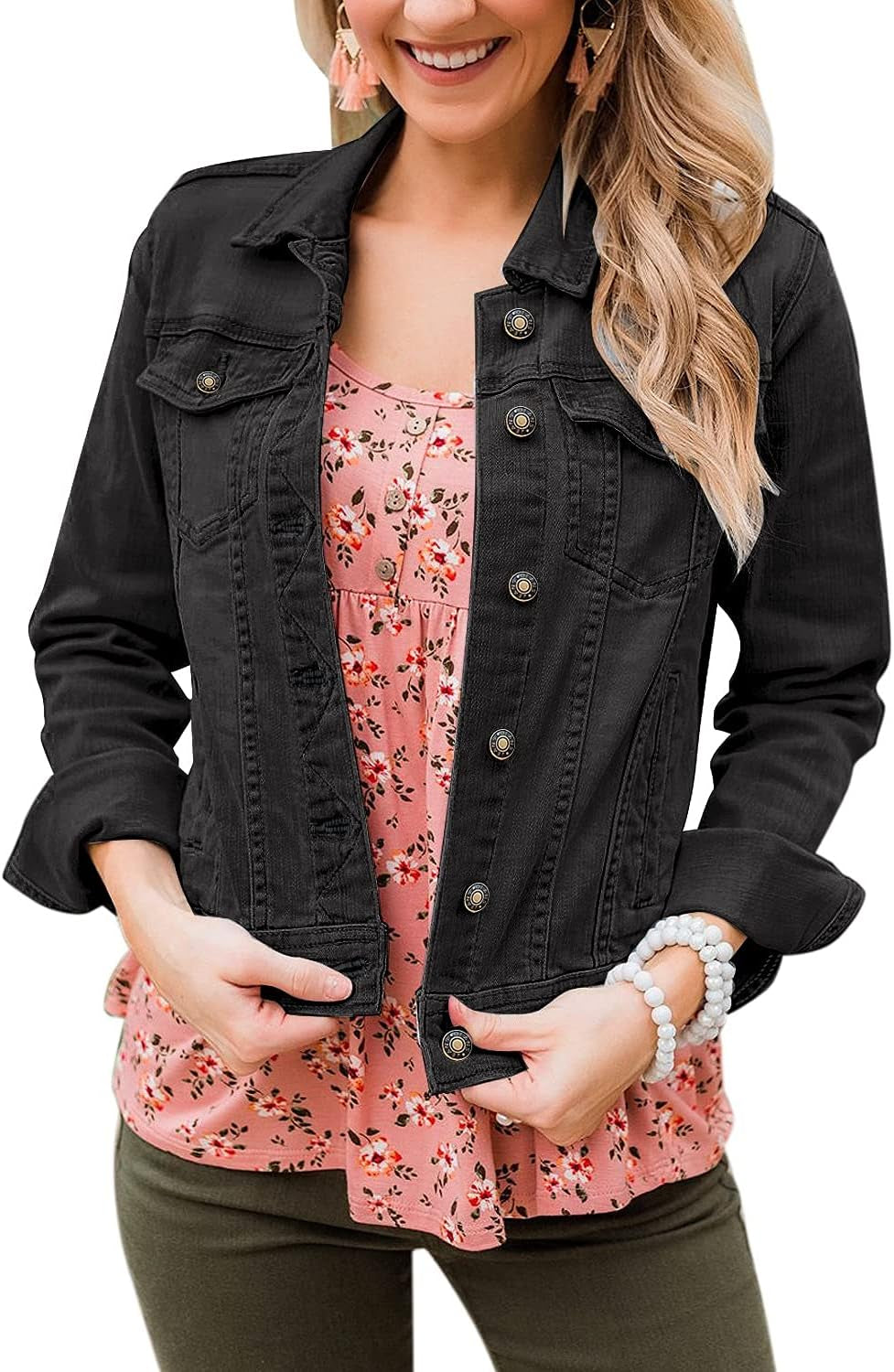 Women'S Basic Long Sleeves Button down Fitted Denim Jean Jackets