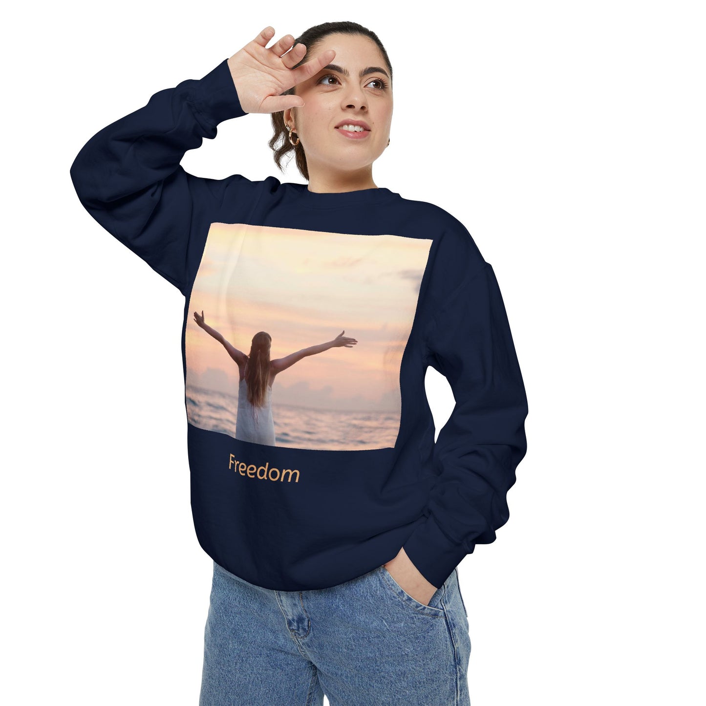 Freedom Beach Sweatshirt — Sunset Woman Photo Graphic Sweatshirt