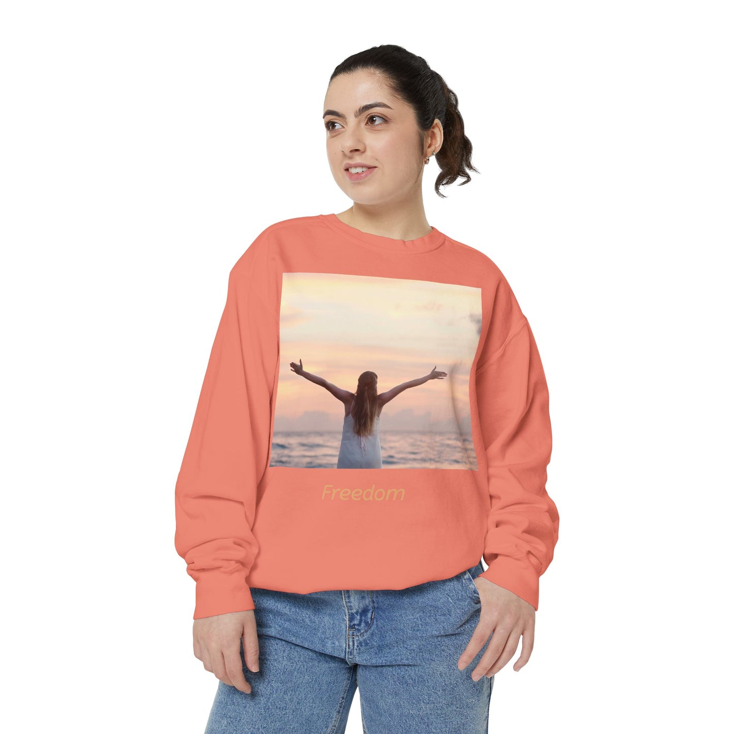 Freedom Beach Sweatshirt — Sunset Woman Photo Graphic Sweatshirt