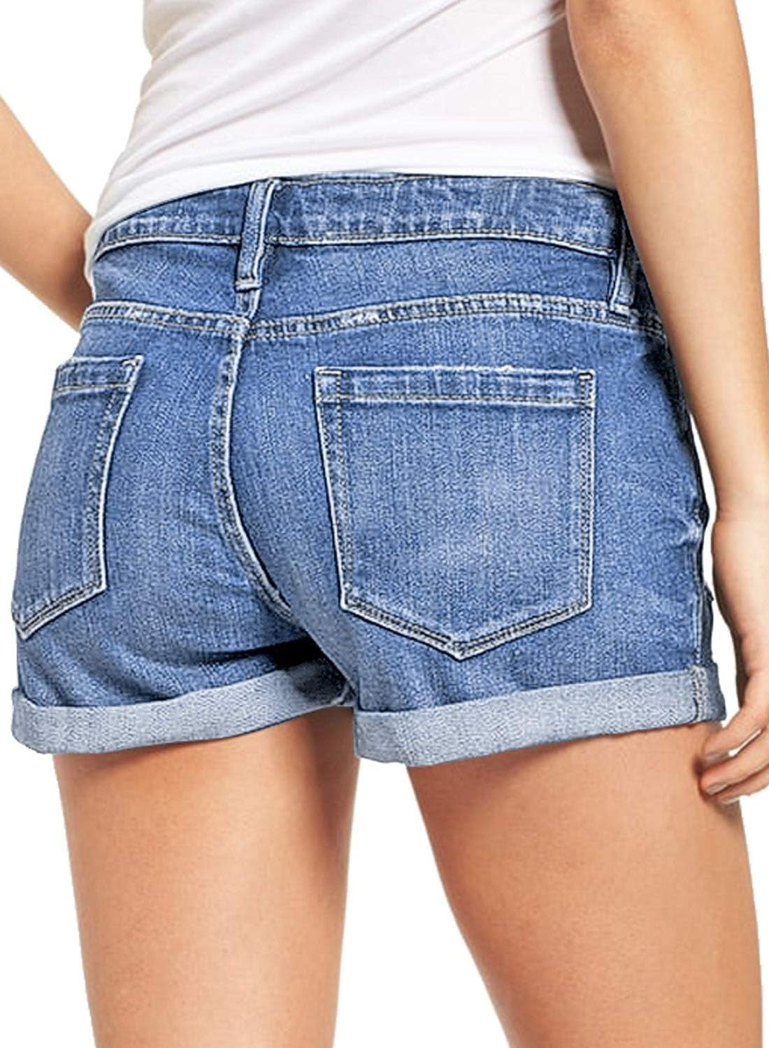 Women'S Ripped Denim Jean Shorts High Waisted Stretchy Folded Hem Short Jeans