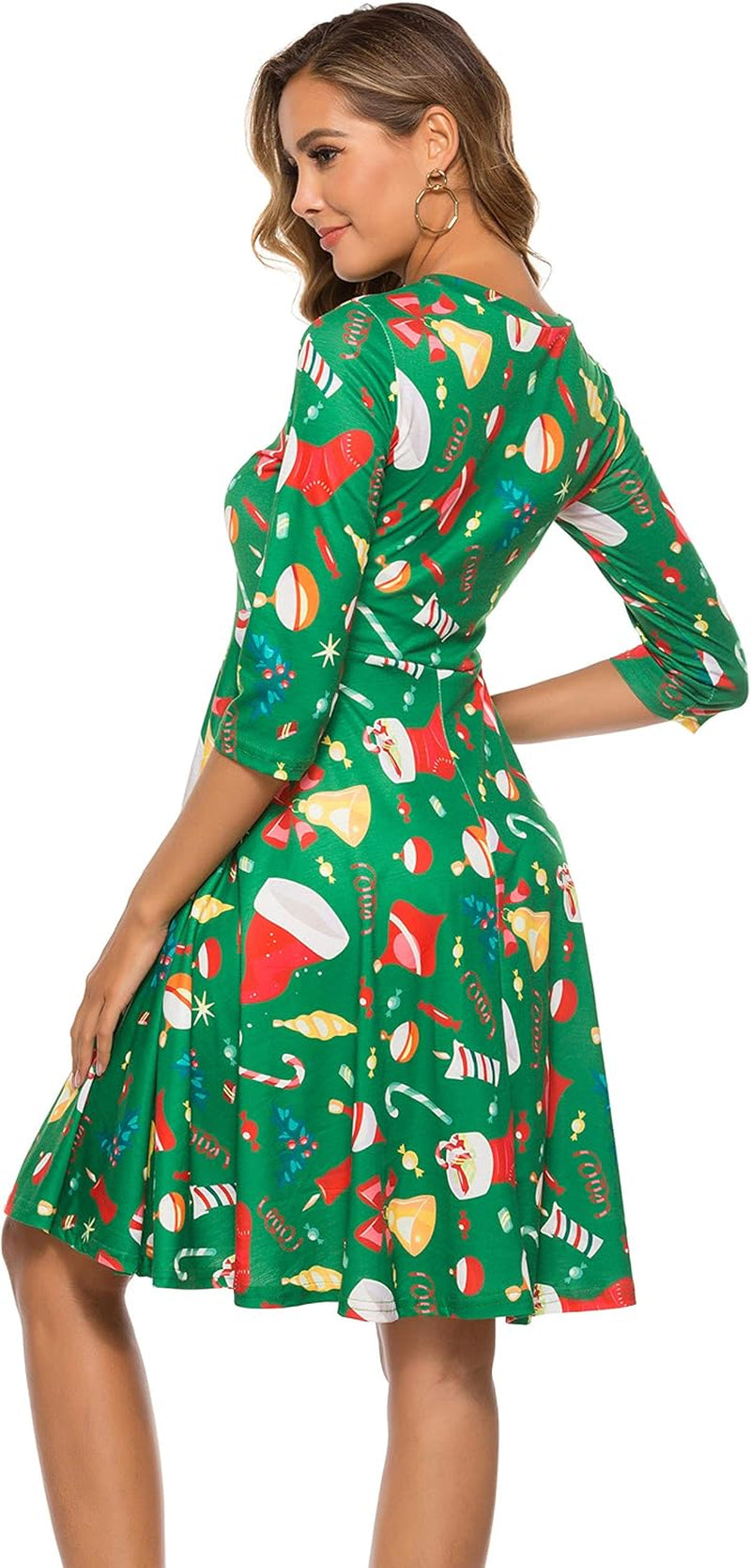 Women'S Ugly Christmas Half Sleeve Xmas Patterned Holiday Party Casual Swing Dress