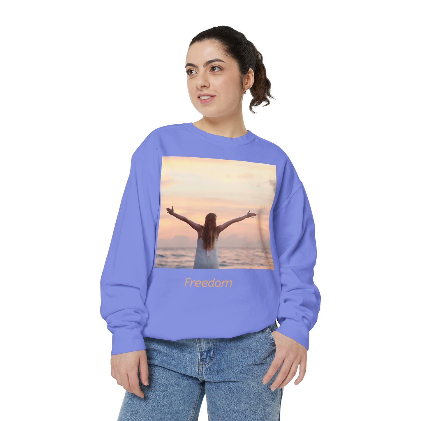Freedom Beach Sweatshirt — Sunset Woman Photo Graphic Sweatshirt