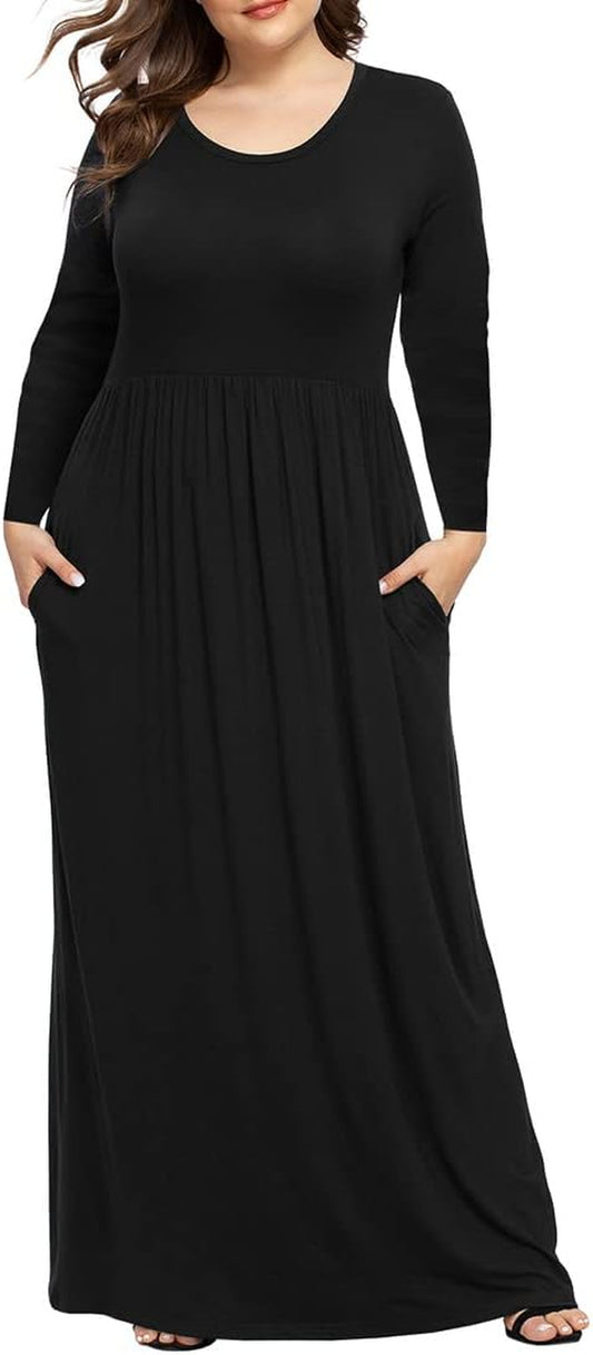 Women'S Long Sleeve plus Size Dress Casual Maxi Dresses XL-6XL Soft with Pockets