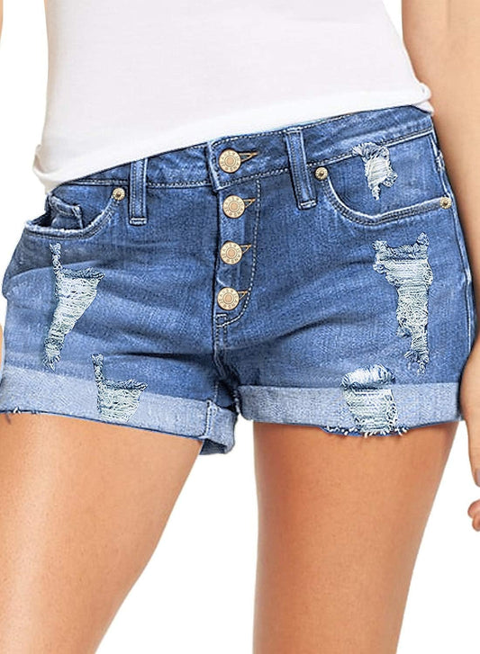 Women'S Ripped Denim Jean Shorts High Waisted Stretchy Folded Hem Short Jeans