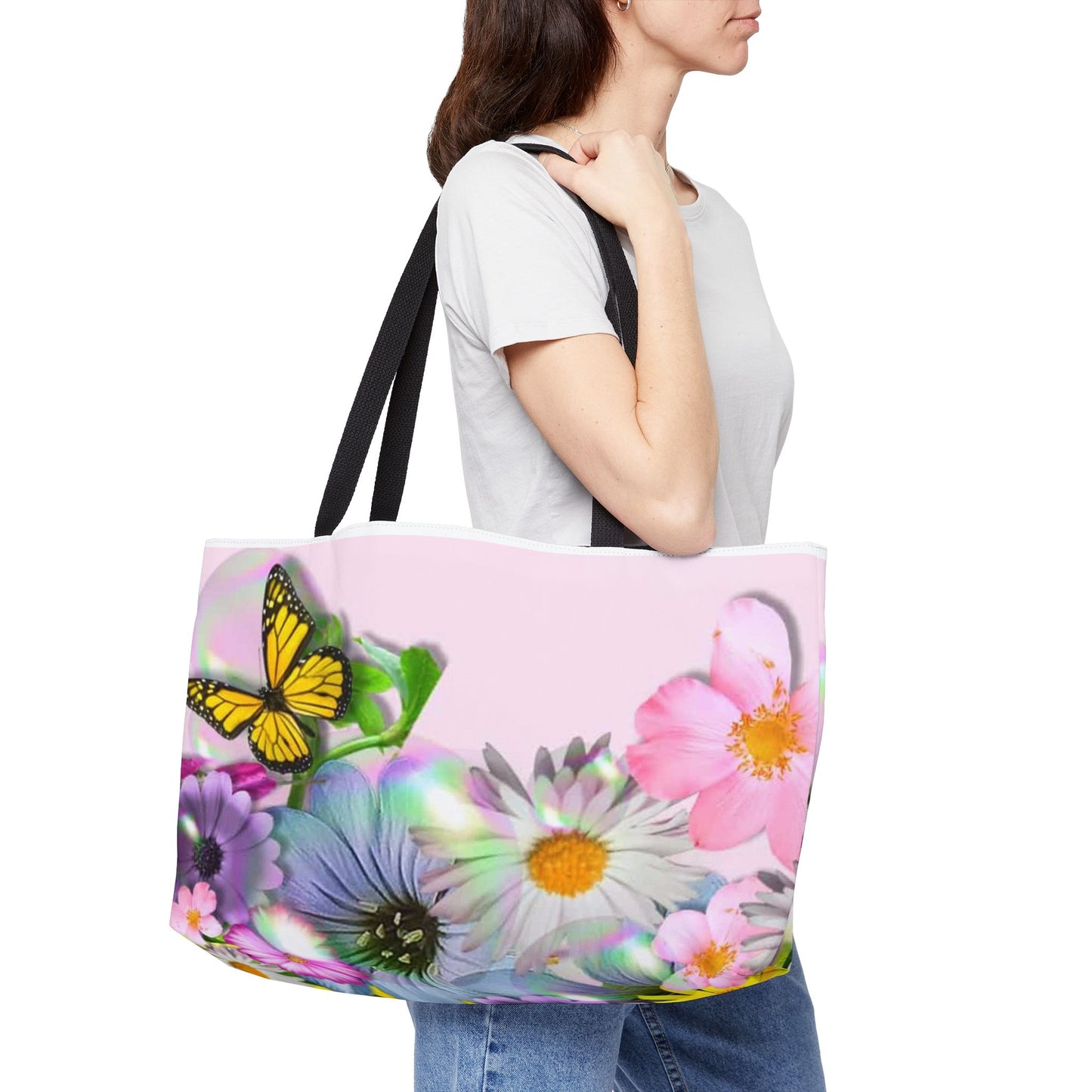 Floral Butterfly Weekender Tote Bag — Pink Garden Flowers Carryall