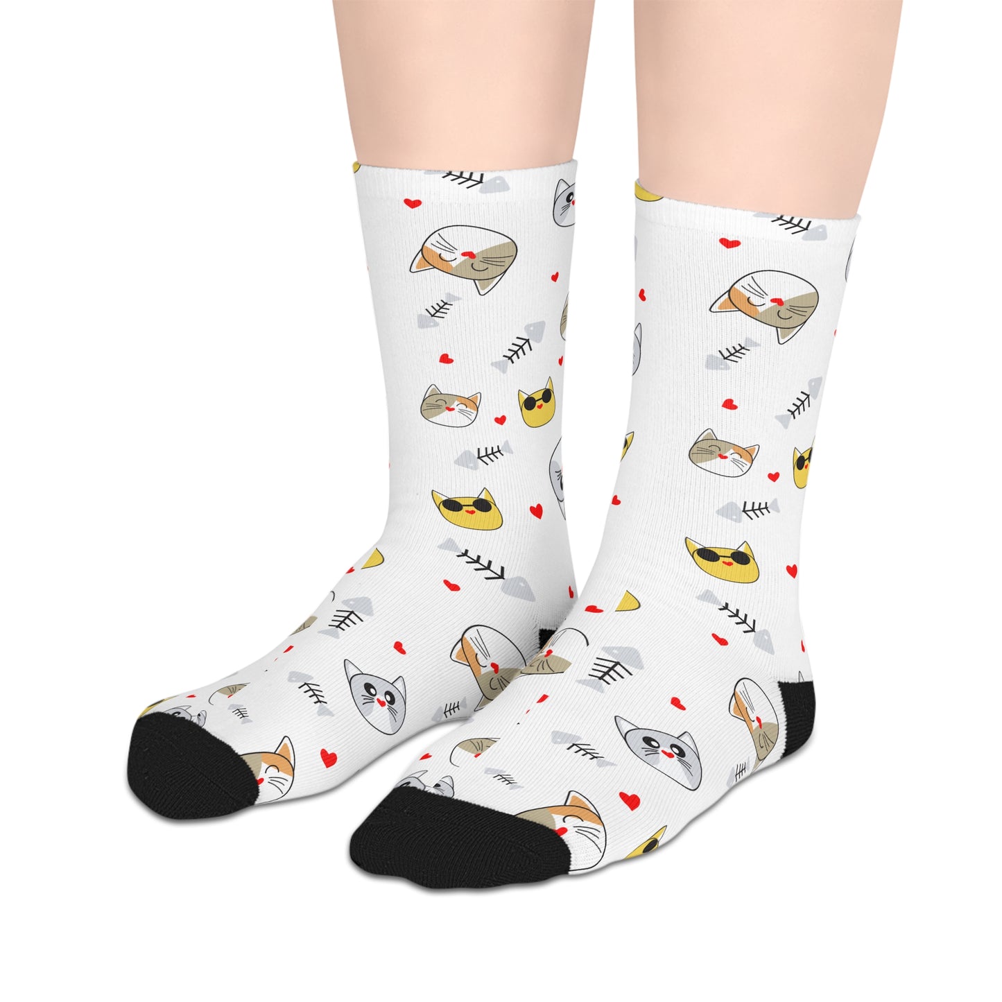 Cute Cat Faces Mid-Length Socks — White Patterned Kitten Crew Socks