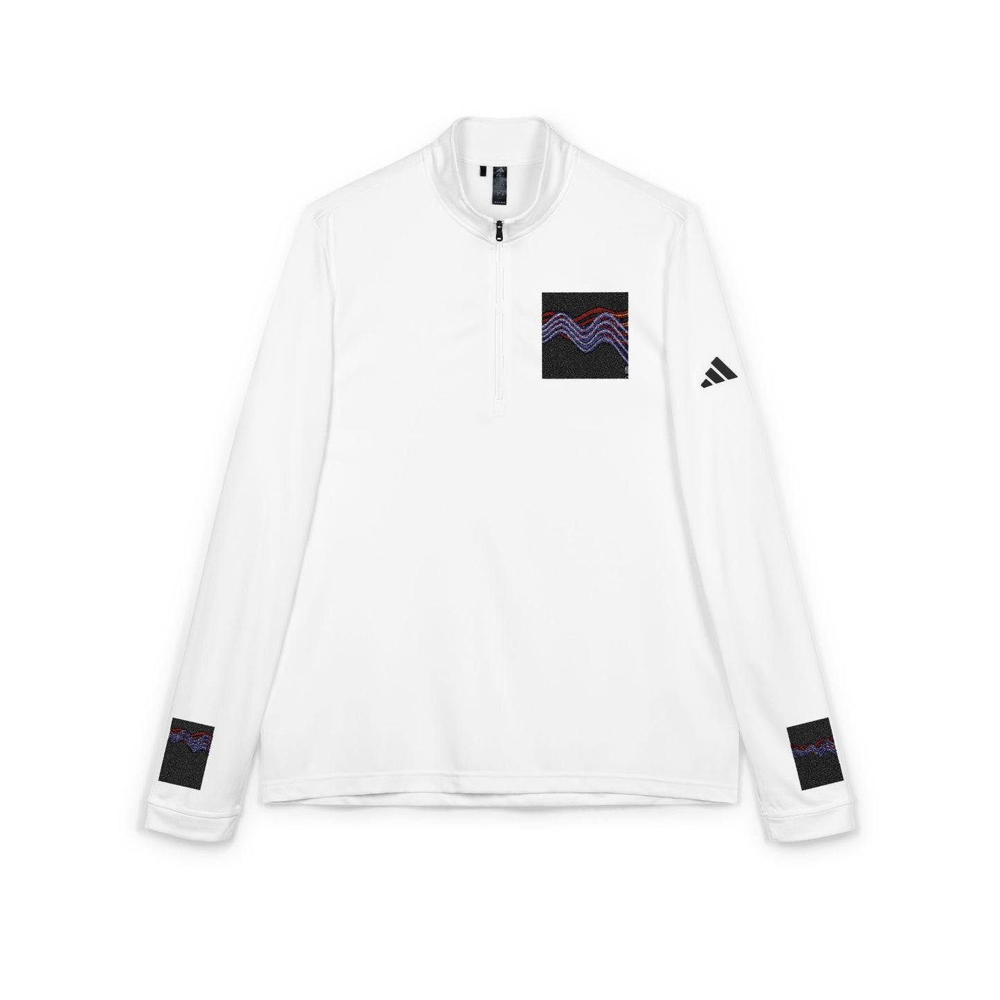 Embroidered Quarter-Zip Pullover — White Athletic Half-Zip with Abstract Patch