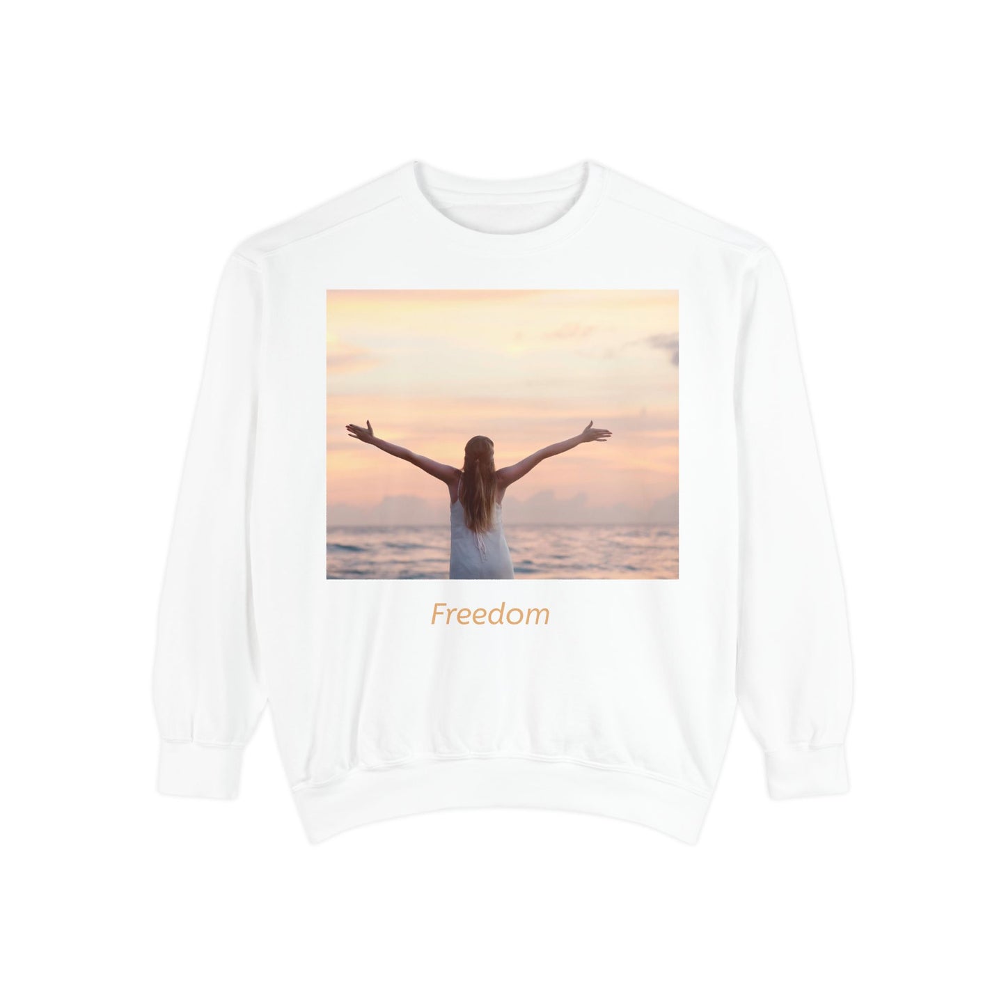 Freedom Beach Sweatshirt — Sunset Woman Photo Graphic Sweatshirt
