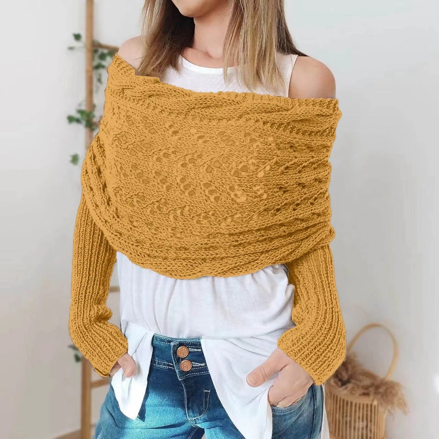 Autumn Winter Women'S Knitted Shawl Scarf with Long Sleeve Outdoor Warm Soft Windproof Hollow Out Crop Top Shawl Scarf