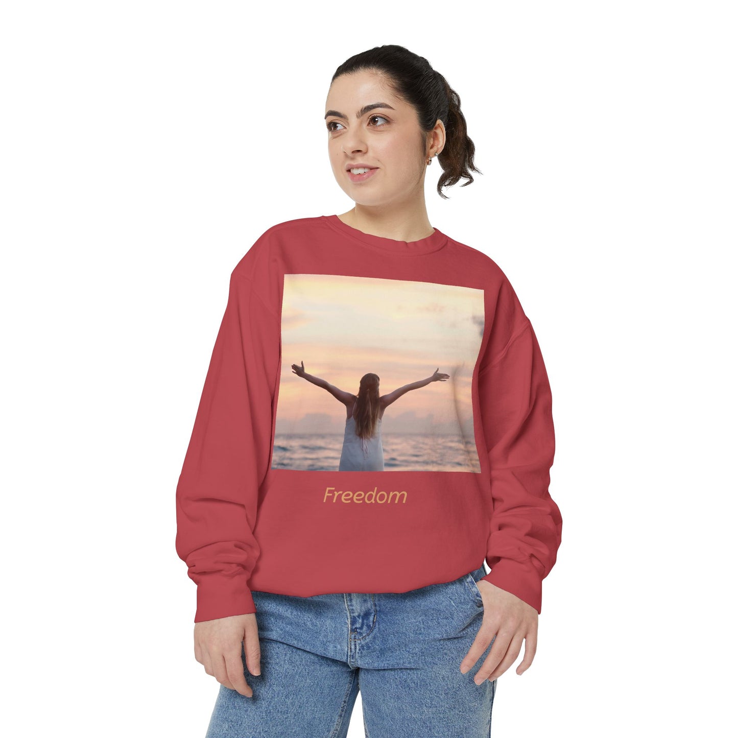 Freedom Beach Sweatshirt — Sunset Woman Photo Graphic Sweatshirt