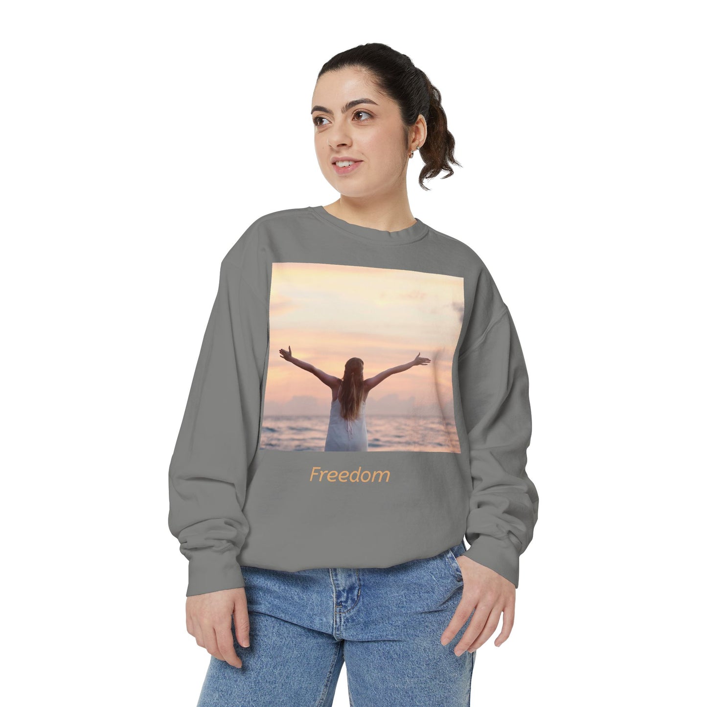 Freedom Beach Sweatshirt — Sunset Woman Photo Graphic Sweatshirt
