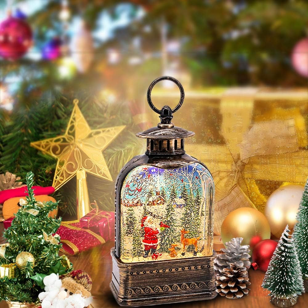 Christmas Musical Snow Globe Lantern, Christmas Globes Lamp Lantern, 6H Timer LED Lighted Swirling Glitter Lantern Christmas Home Decorations/Gift,3 AA Battery or USB (Brown)