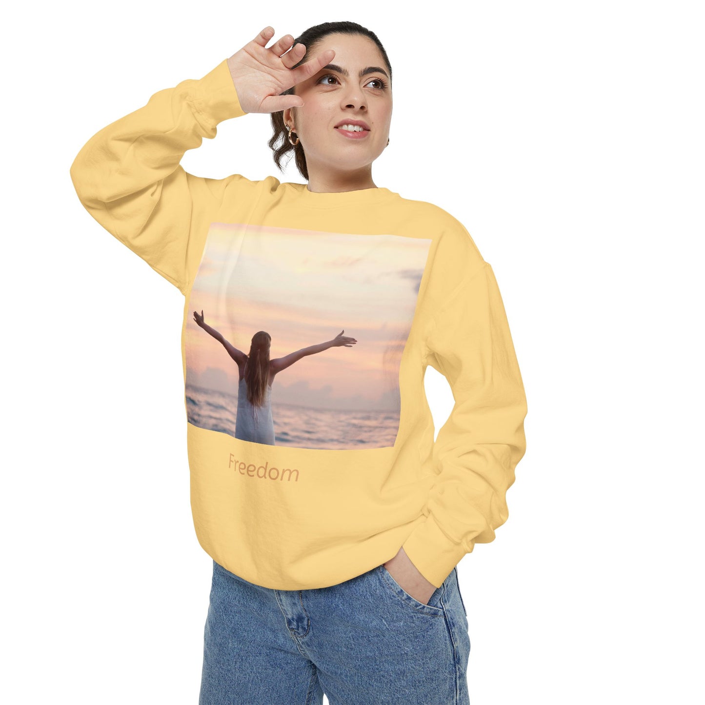 Freedom Beach Sweatshirt — Sunset Woman Photo Graphic Sweatshirt