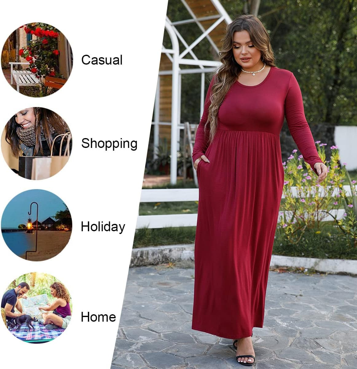 Women'S Long Sleeve plus Size Dress Casual Maxi Dresses XL-6XL Soft with Pockets