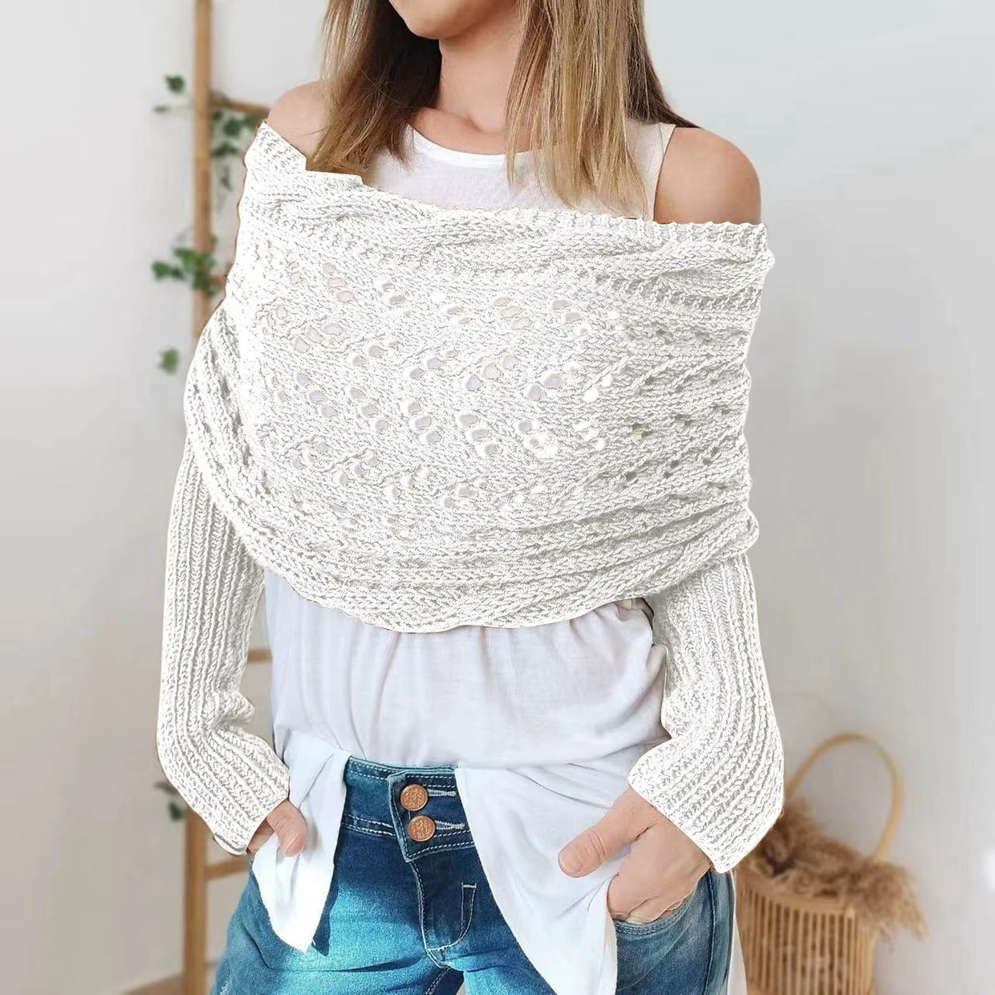 Autumn Winter Women'S Knitted Shawl Scarf with Long Sleeve Outdoor Warm Soft Windproof Hollow Out Crop Top Shawl Scarf