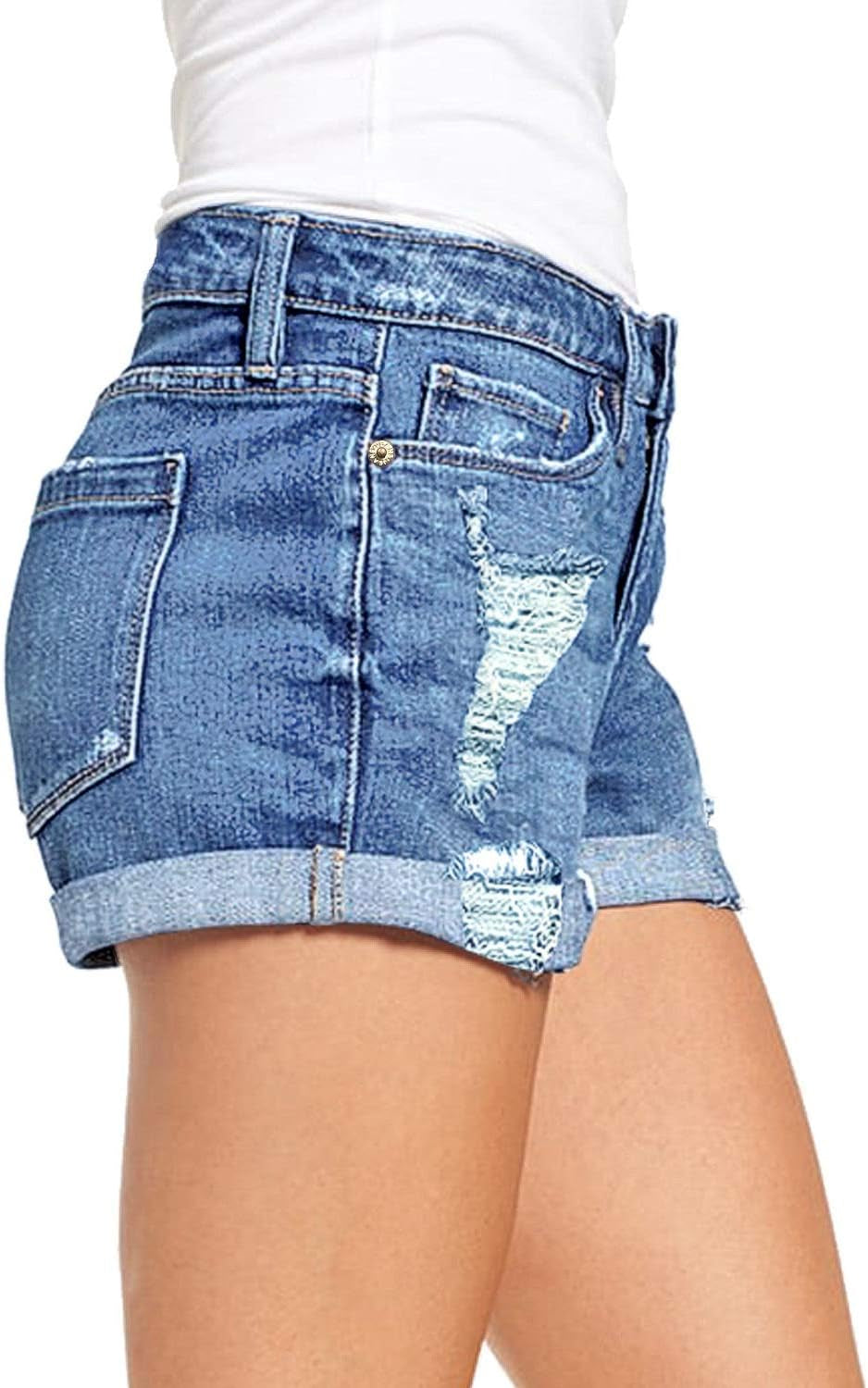 Women'S Ripped Denim Jean Shorts High Waisted Stretchy Folded Hem Short Jeans